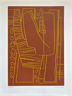 Magnelli - "Lino fond brun" (Linocut on brown background) Hand signed, 1970