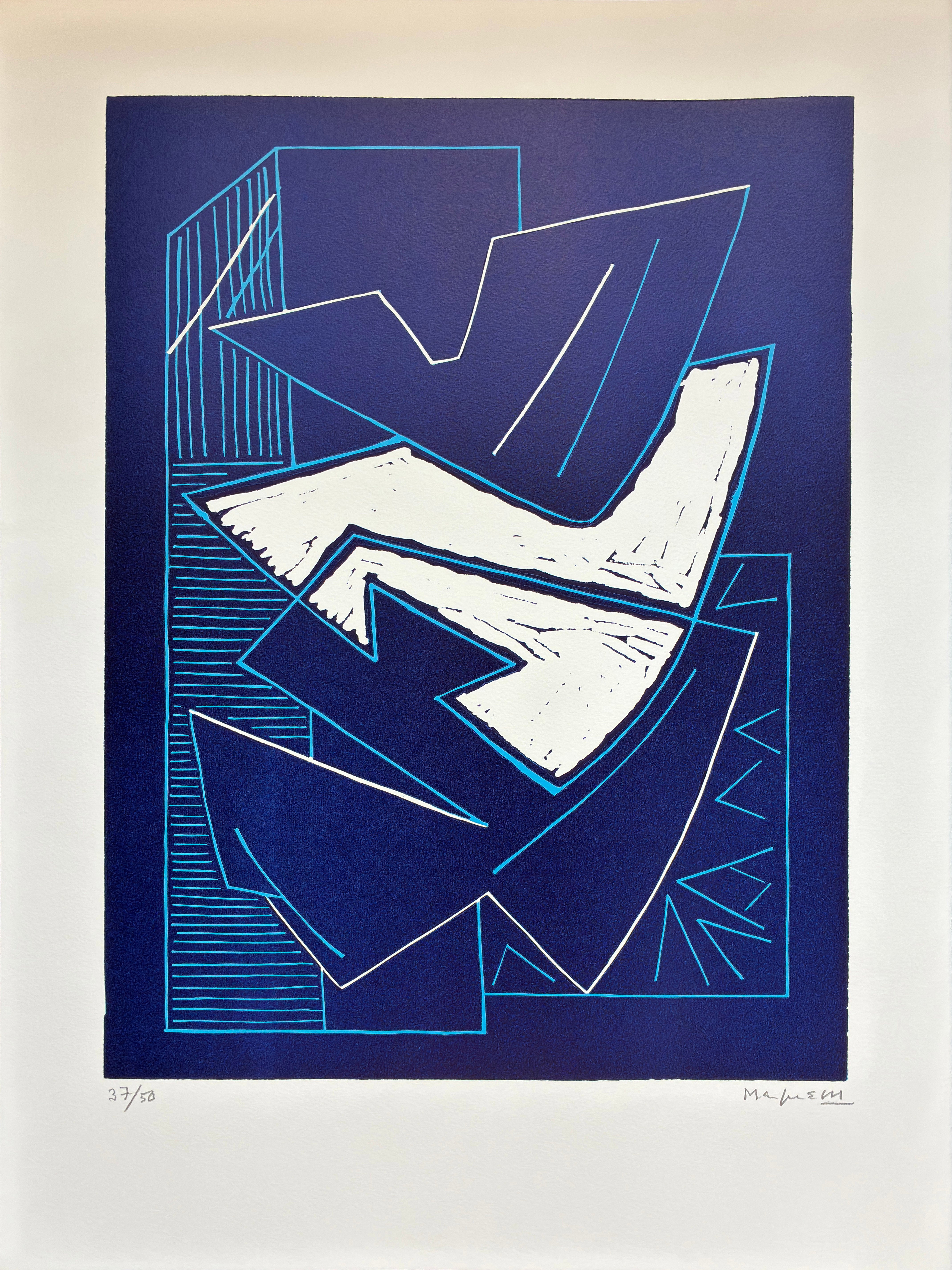 Print di Alberto Magnelli - Magnelli - "Lino fond Bleu" (linocopia su fondo blu) Firmata a mano, 1970