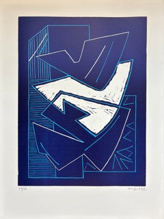 Magnelli - "Lino fond Bleu" (Linocut on blue background) Hand signed, 1970