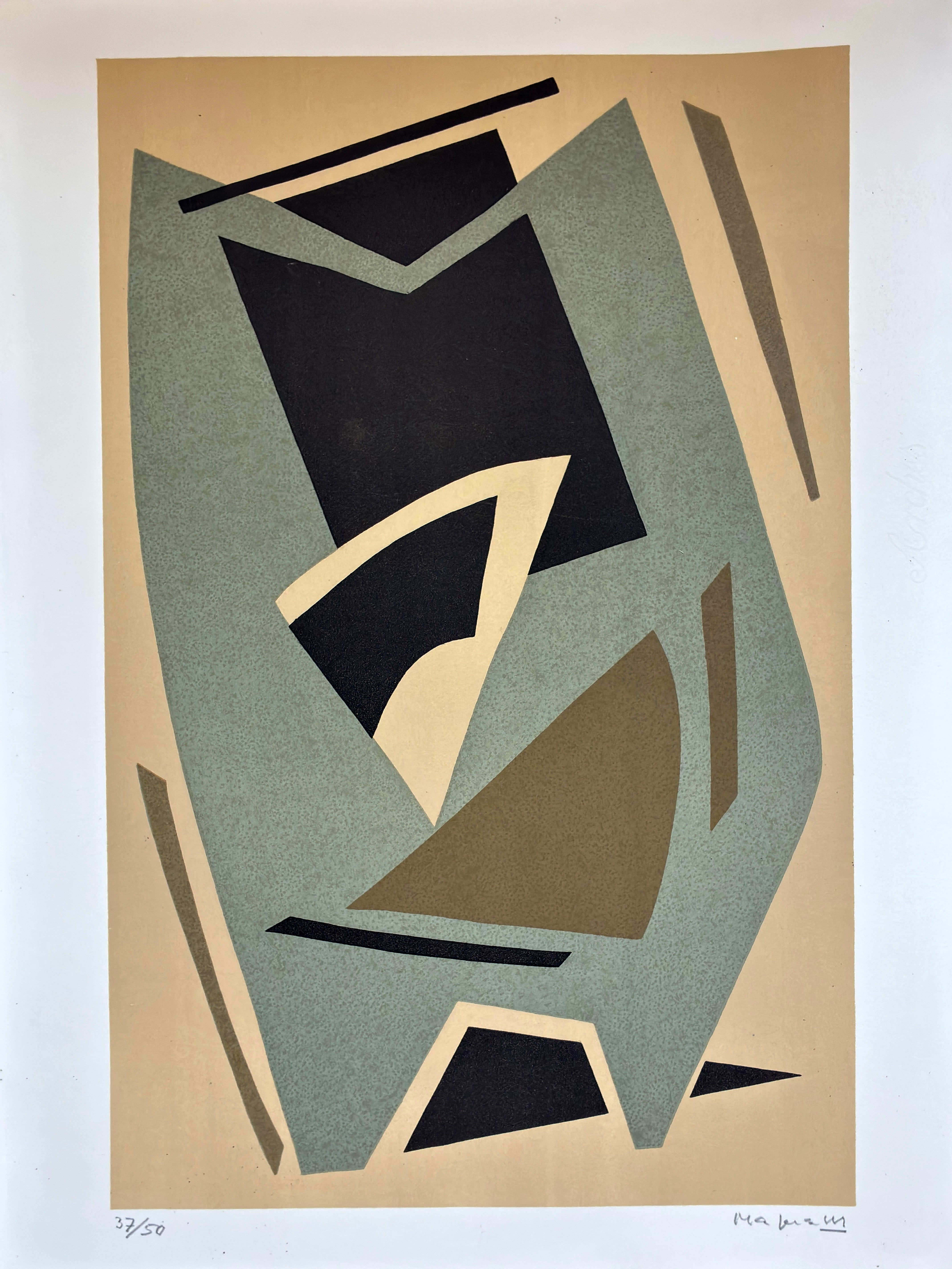 Print de Alberto Magnelli - Magnelli - «Litho fond ocre» (Litografía sobre fondo ocre). Firmada a mano, 1970