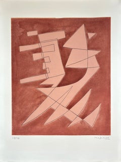 Magnelli - "Eau-forte fond jaune" (Etching on pink background) Hand signed, 1970