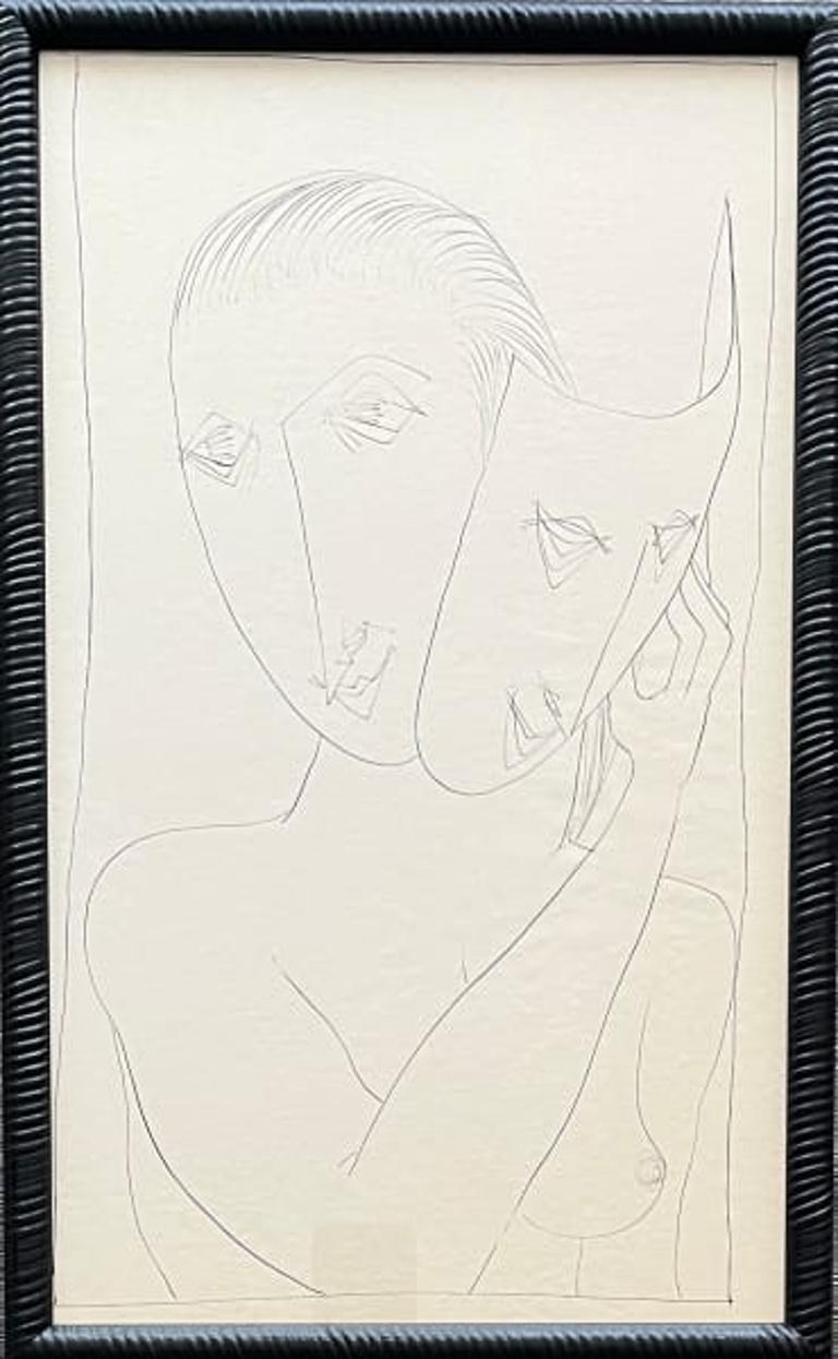 Donald Stacy Figurative Art – 1950er "Maske" Mid Century Nude Ink Figur Zeichnung NYC Künstler