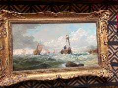 Dipinto marinaro vittoriano della metà del XIX secolo raffigurante navi in un mare mosso al largo della costa