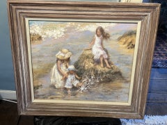 Modern Impressionist Beach Scene Landscape Oil Painting of Children at the Beach