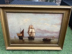 Dipinto a olio vittoriano britannico del XIX secolo raffigurante una nave in mare al largo di Portsmouth