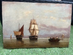 Dipinto a olio vittoriano britannico del XIX secolo raffigurante una nave in mare al largo di Portsmouth