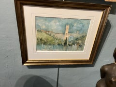Dipinto paesaggistico vittoriano del XIX secolo, realizzato ad acquerello, raffigurante un borgo collinare toscano