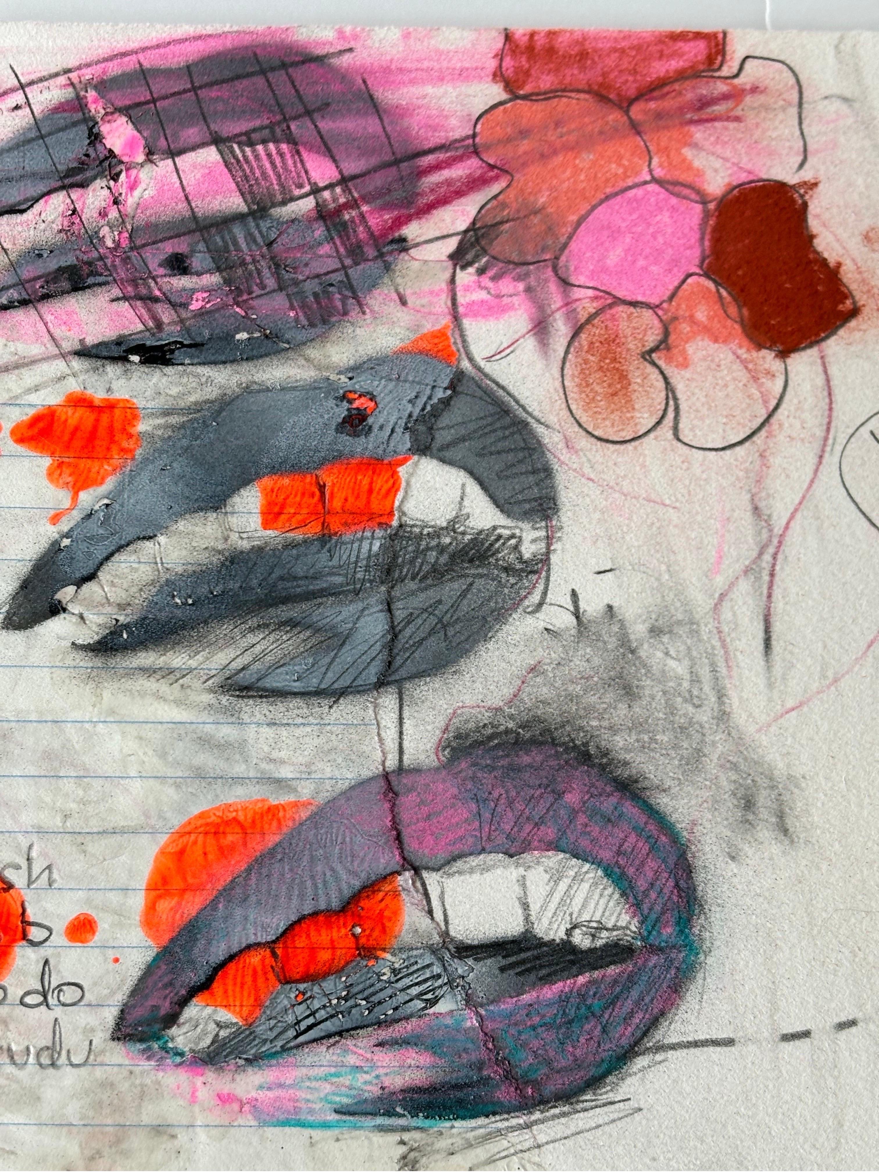 collage réalisé en 1998, dans le Studio de l'artiste, sur papier d'archive,  taches, intentionnelles avec l'utilisation de la mine de plomb. Technique mixte, graphite, dessin, pastels, texte. Signé I.L.A. en bas à droite, acquis directement auprès