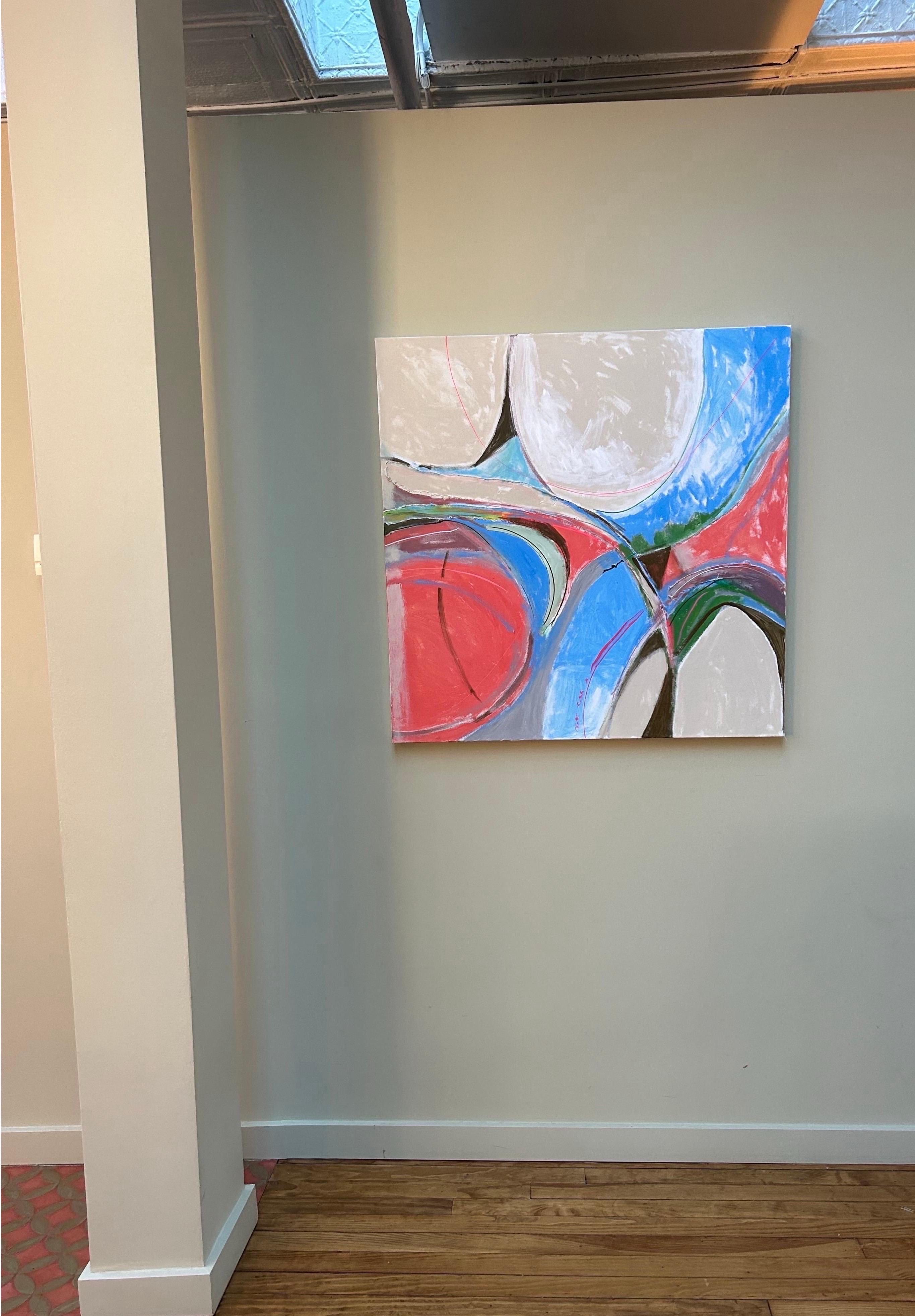 Abstract Painting Beth Barry - Salmon Run, 2024, acrylique sur toile, 36 po. 36 po., 3600 $, paysage coloré