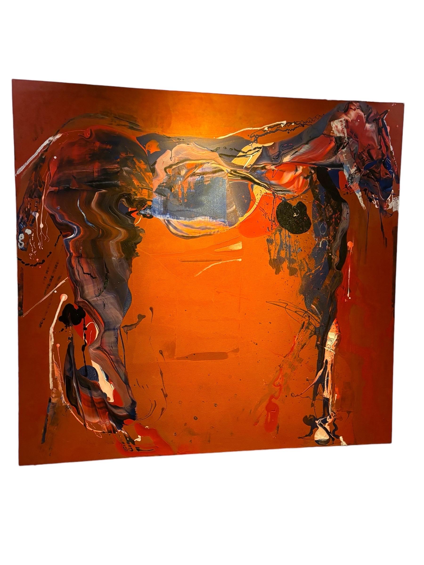 Joerg Madlener Abstract Painting – Equus, Rot, Dunkelblau,  Cremefarbenes, weißes und schwarzes Pferd und Landschaft