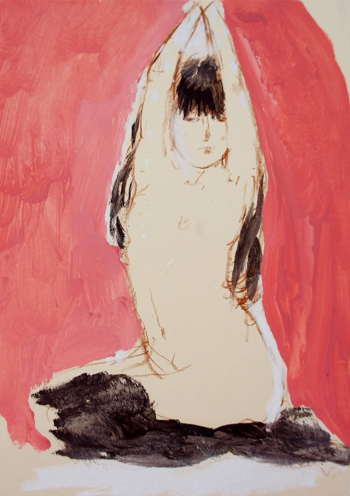 This oil and oil pastel on paper, depicts a female figure looking back at us wearing only black leggings.  Her arms are raised in an upward stretch.  Her figure is set on a pink background where we see the lines of each brush stroke.

Eduardo