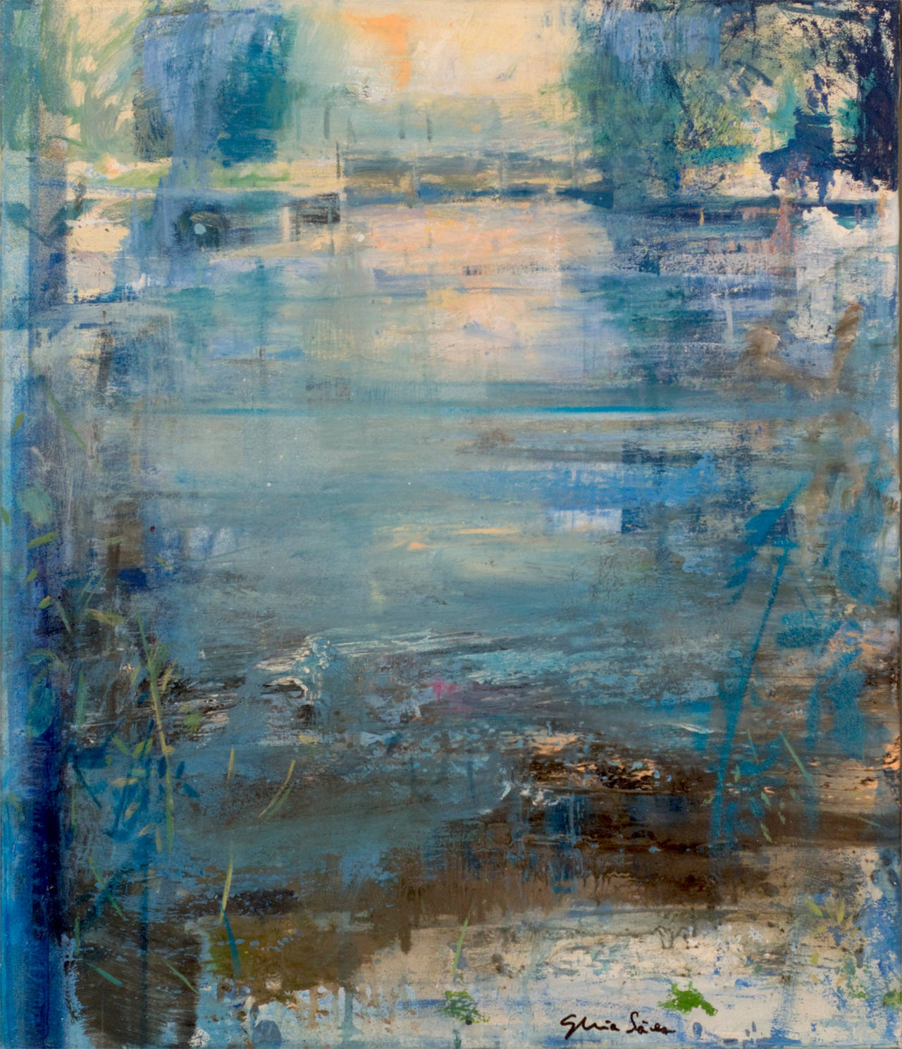 Gloria Sáez Landscape Painting - Light and Shade on the Bridge (a Brigida)