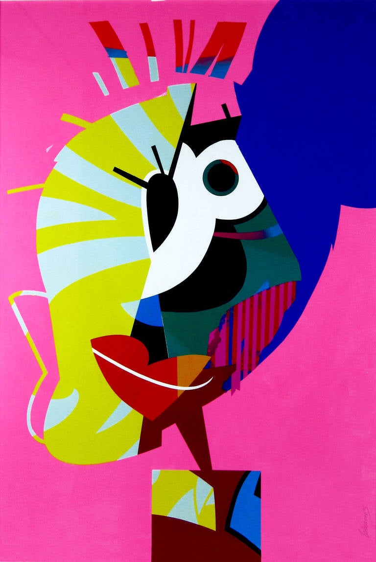 In this original acrylic paint on paper, Jose Palacios depicts "Rosa", a figure in a neo-cubist and pop art style. He uses vibrant yellow, blue and red shapes to compose her face which is framed by an electric pink background. Rosa has thick red