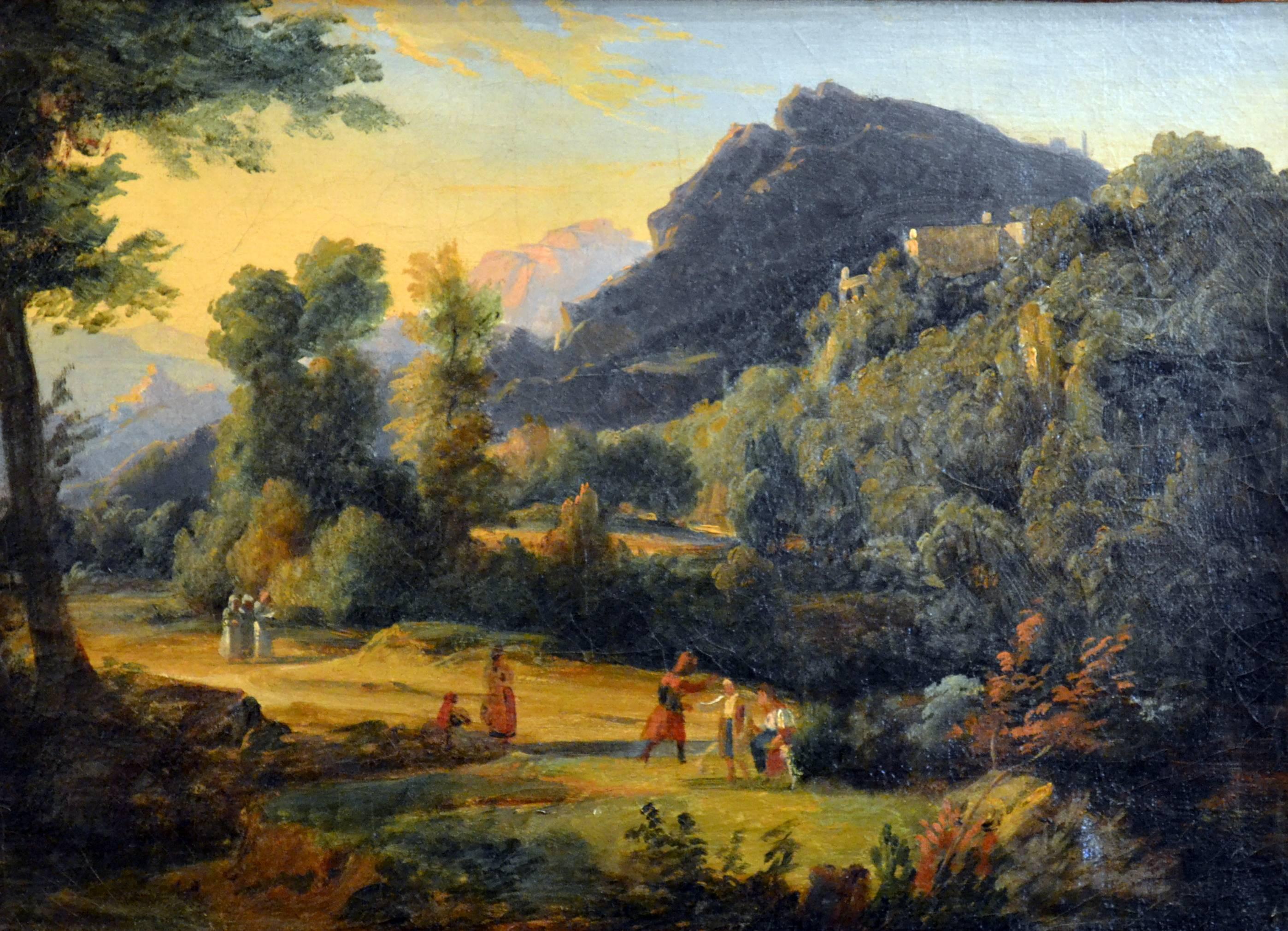 Landscape Painting de Unknown - Paisaje montañoso con animales y figuras