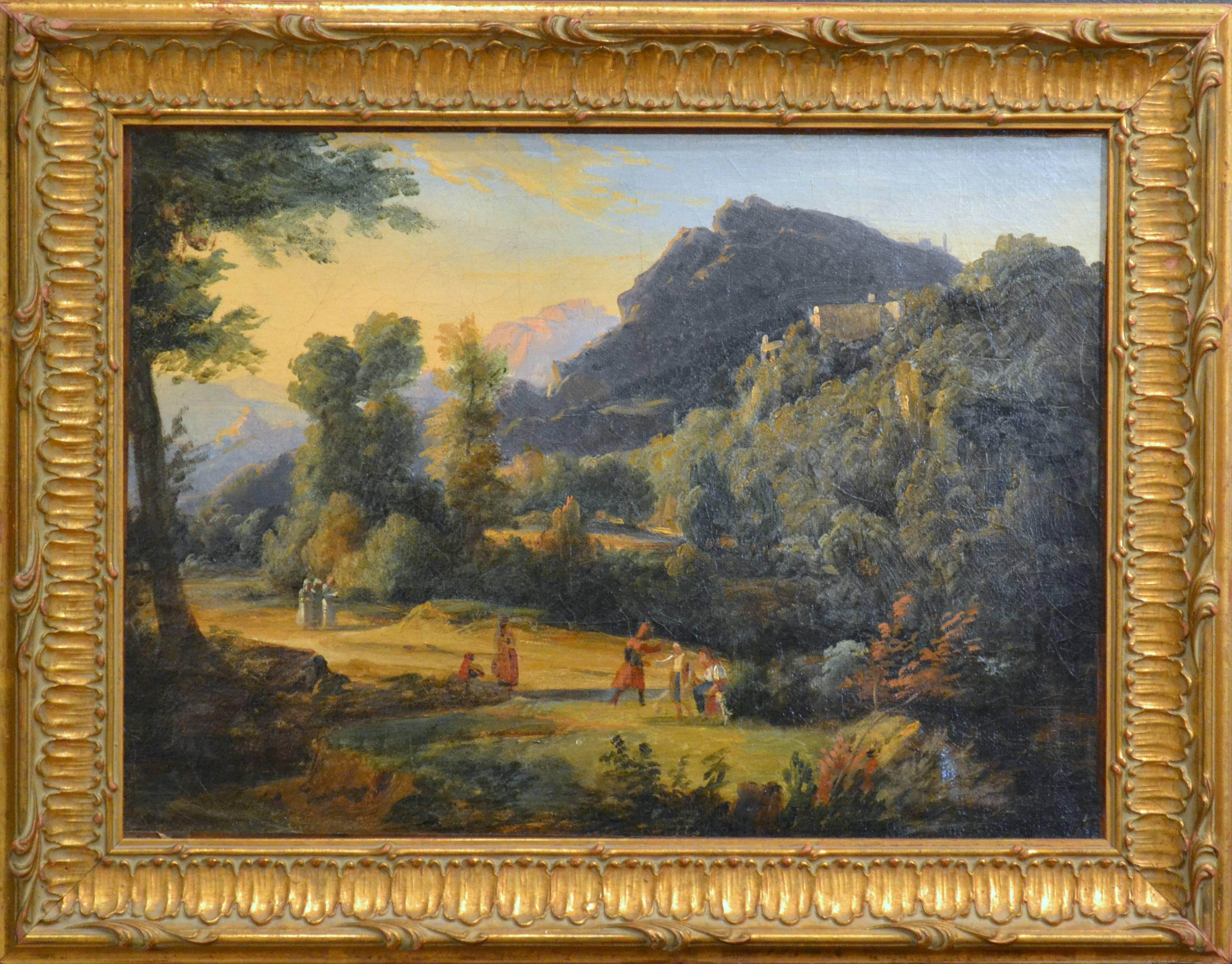 Mountain Landscape with Animals and Figures - Painting by Unknown
