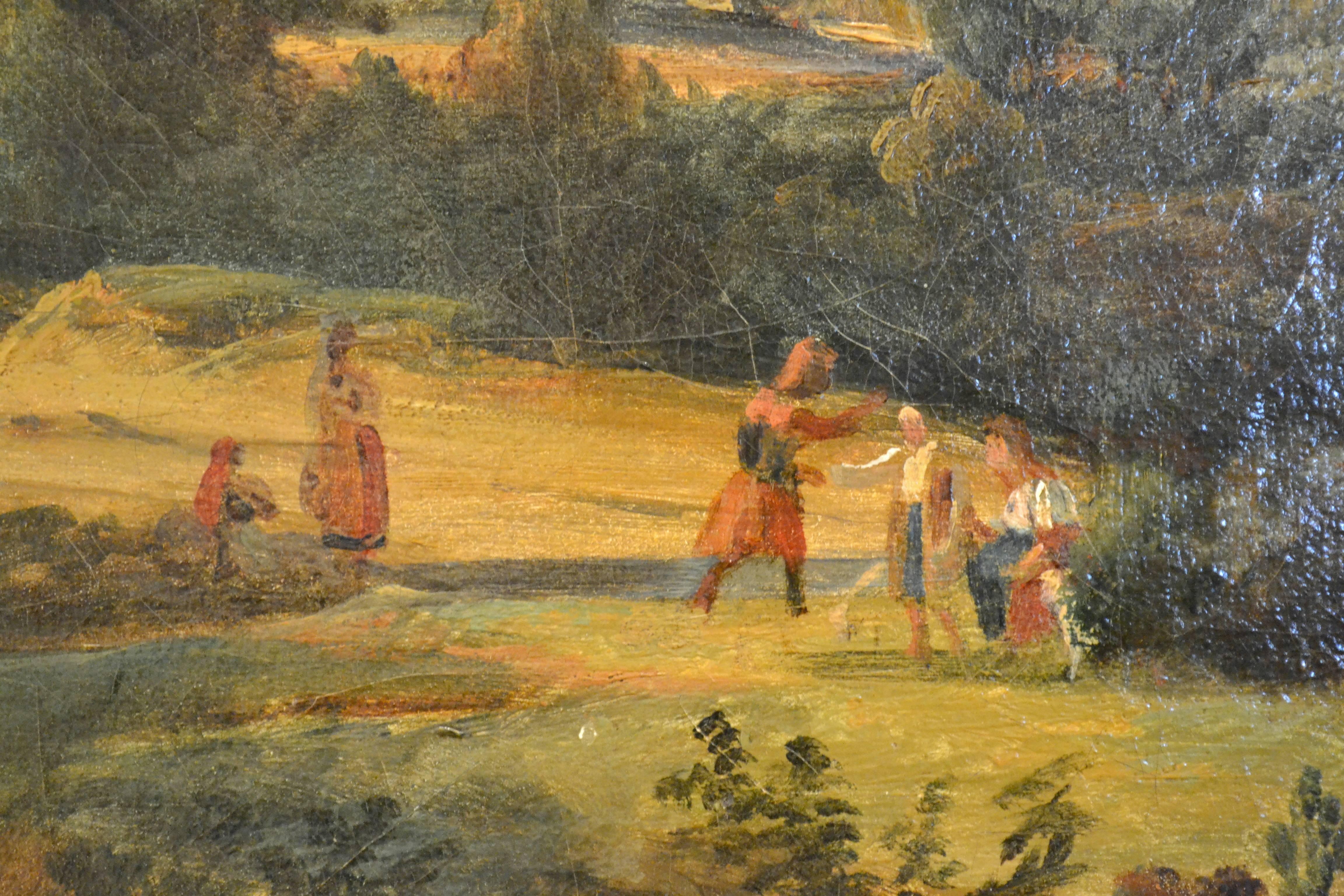 Paisaje montañoso con animales y figuras - Landscape Painting Negro de Unknown