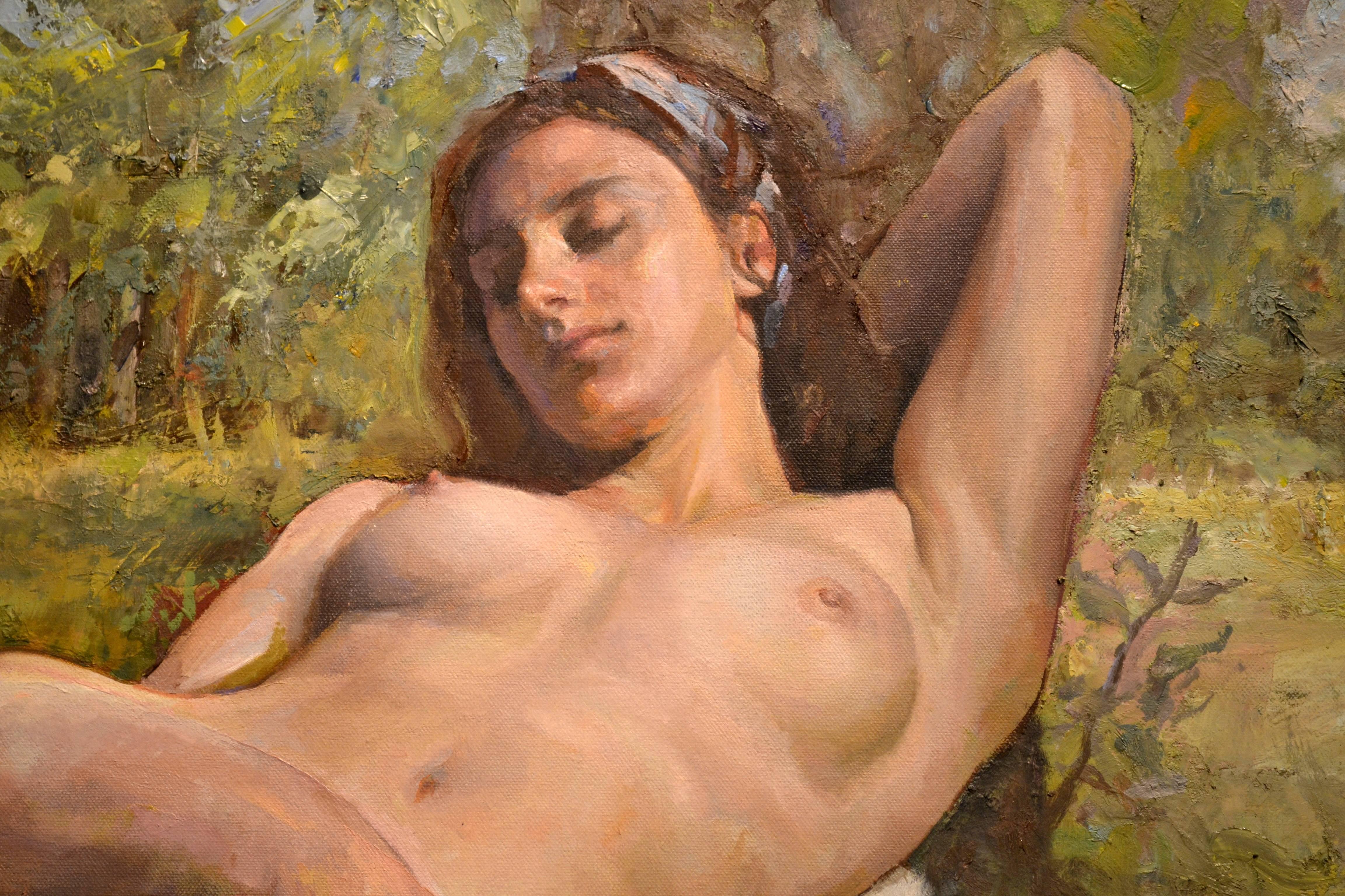 Reclining Nude - Brown Nude Painting by Marc Chatov