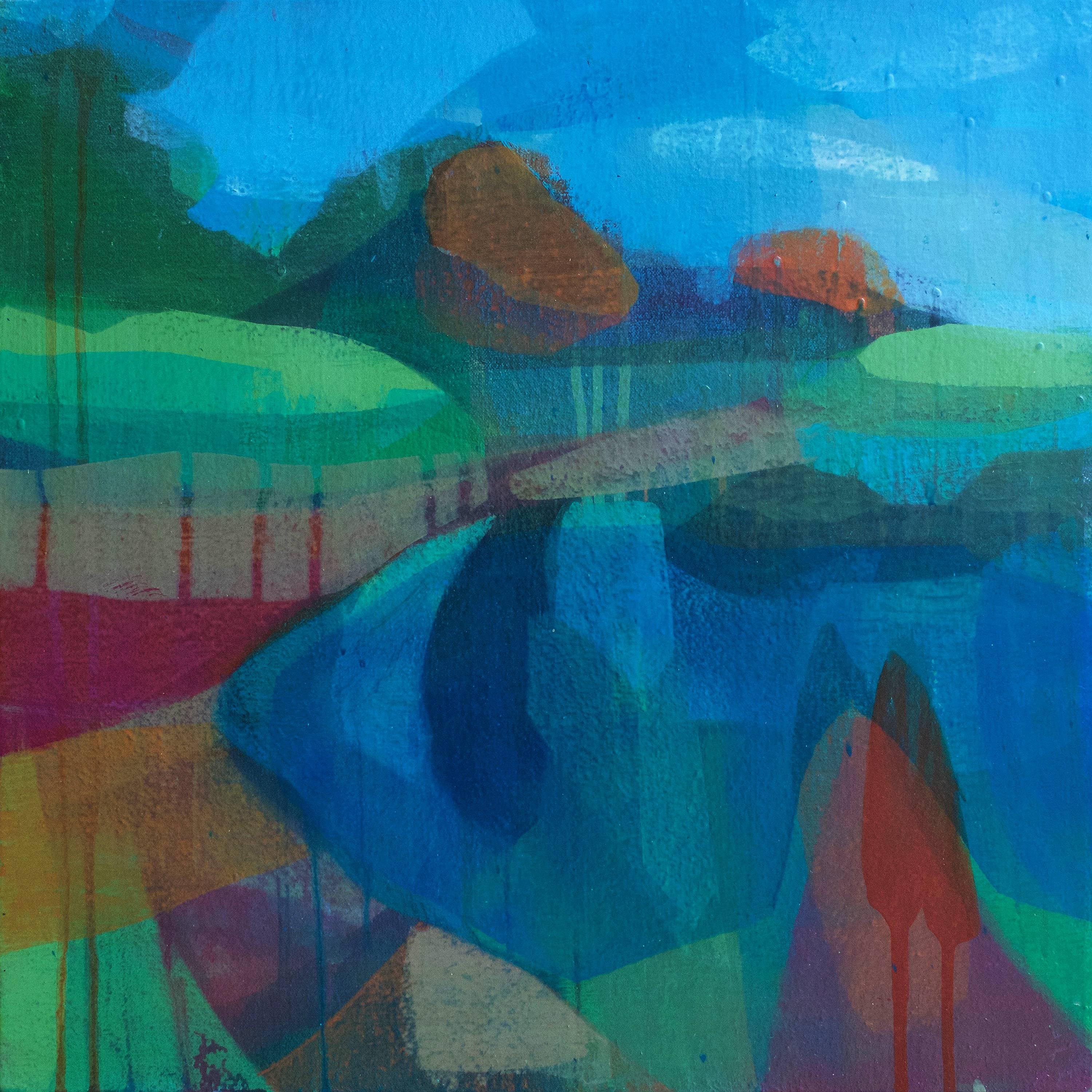 Abstract Painting Katherine Sandoz - ""(Clydesdale) Duck Pond" - Peinture de paysage abstrait et colorée - Diebenkorn