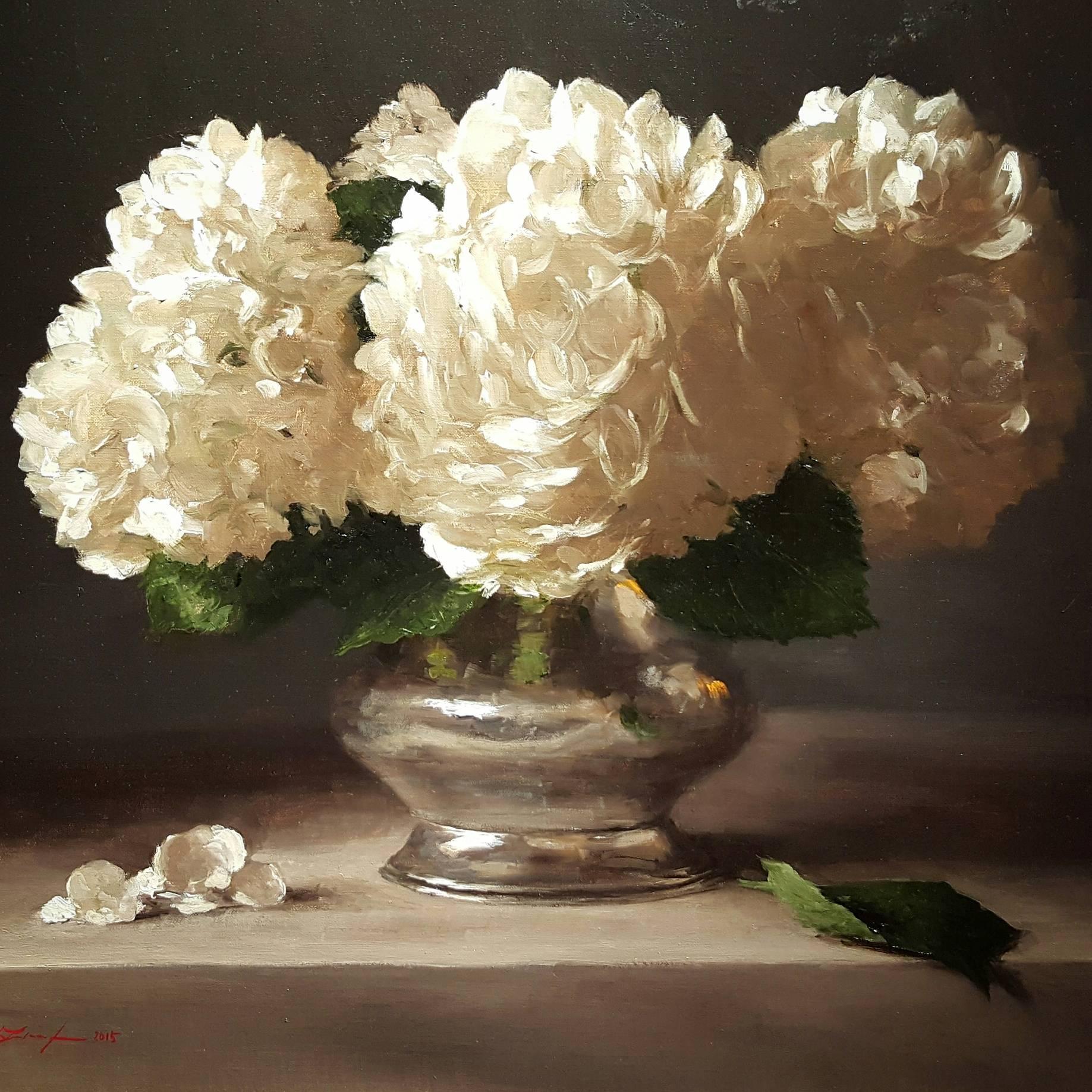Hydrangeas in Pewter - Painting by Sarah Lamb