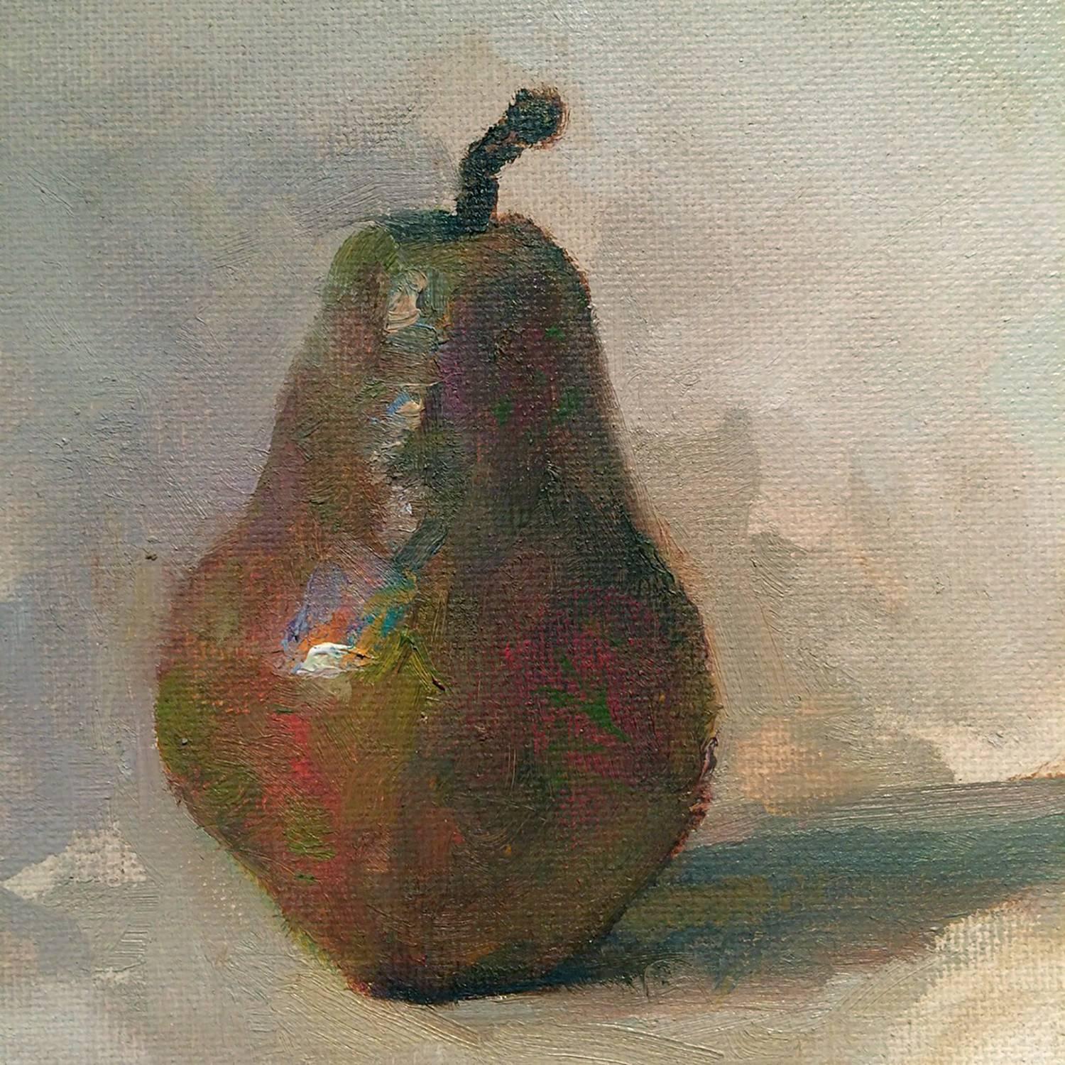 "Group of Pears" is a series of three small works by painter Marc Chatov, featuring hues of maroon, bright green, orange and a range of grey. Each painting is 8 by 10 inches.

Marc Chatov was born in Key Largos, Florida in 1953 to a family
