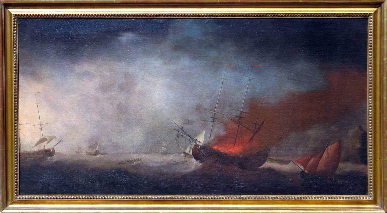 Seascape with Burning Ship - Painting by Unknown