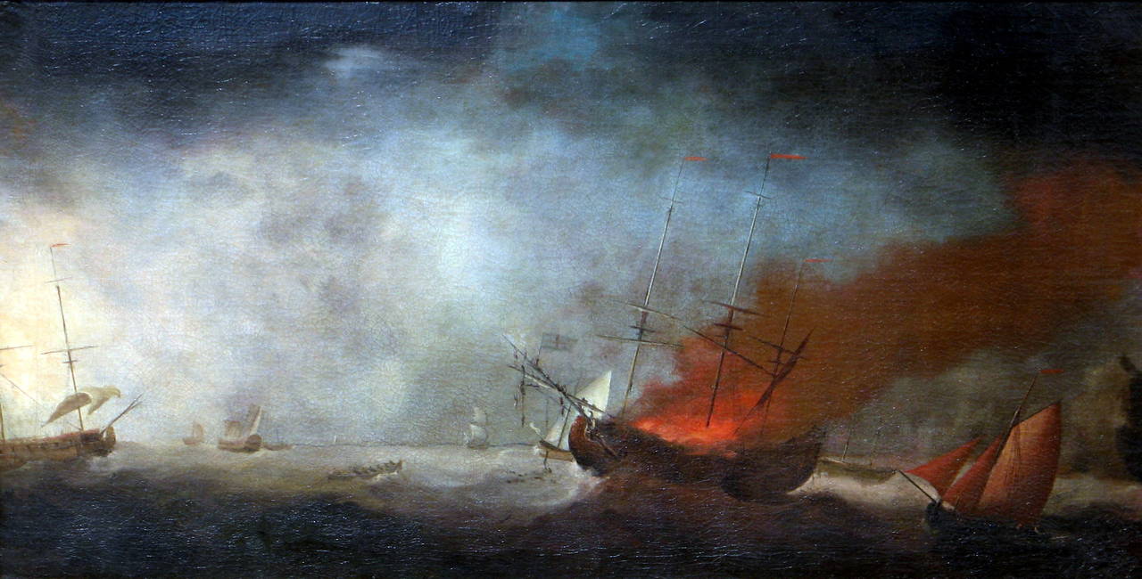 Unknown Landscape Painting - Seascape with Burning Ship