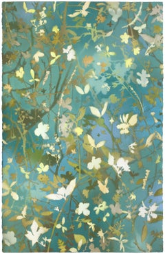 « Birdlands Spring I » - paysage naturaliste, botanique, en couches, turquoise
