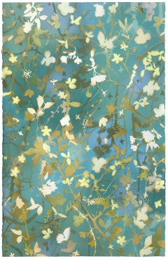 « Birdlands Spring II » - paysage naturaliste, botanique, en superposition, turquoise