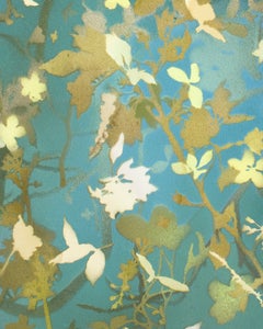 « Birdlands Spring II » - paysage naturaliste, botanique, en superposition, turquoise