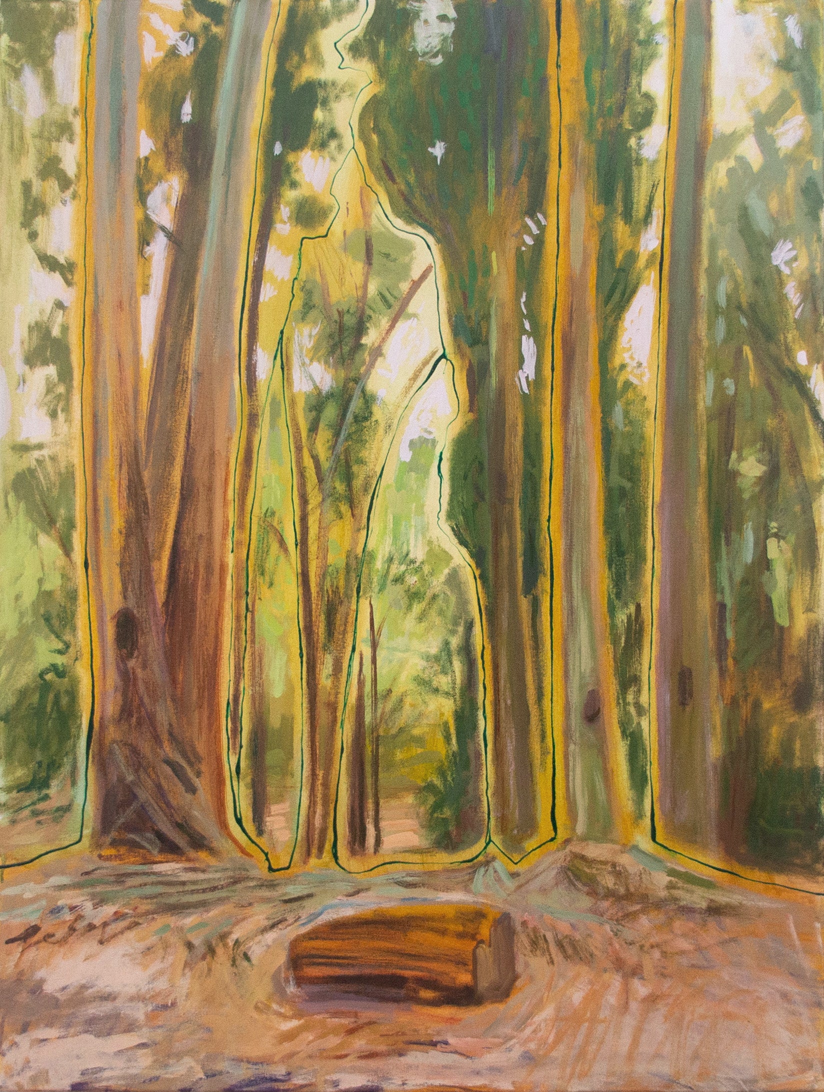 Amanda Joy Brown Abstract Painting – „Brennholz“ – Landschaft, impressionistisch, Umrisse, Bäume, Wald