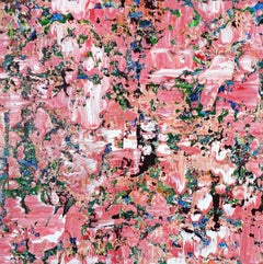 "Dove fiorisce il delfinio II" - dipinto astratto colorato, a strati, rosso