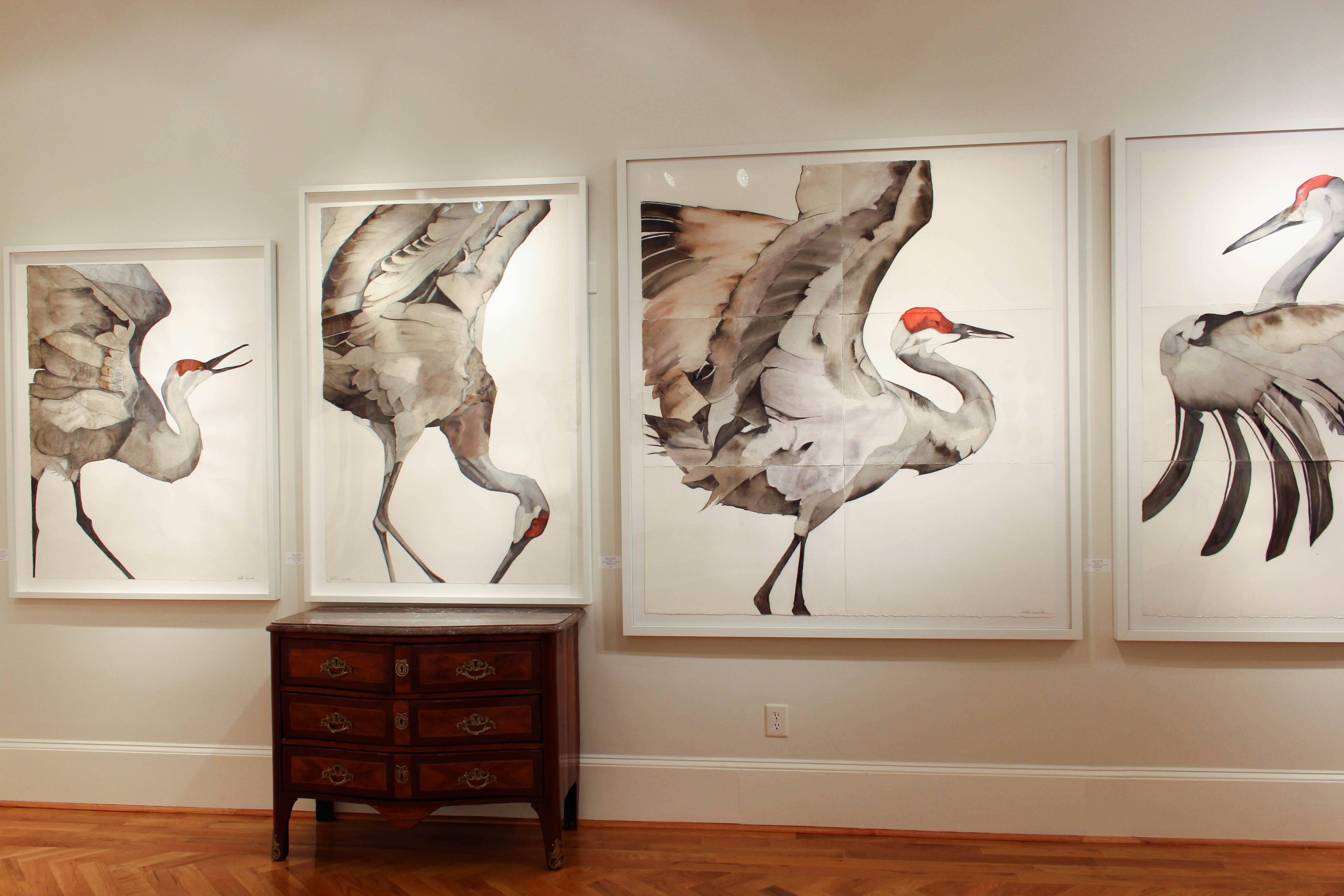 In this work on paper, “Allongé II,” Heather Lancaster uses delicate charcoal & graphite drawing with subtle planar shifts & multiple layers of watercolor, India ink & sepia washes to form the exquisite figure of a sandhill crane. The