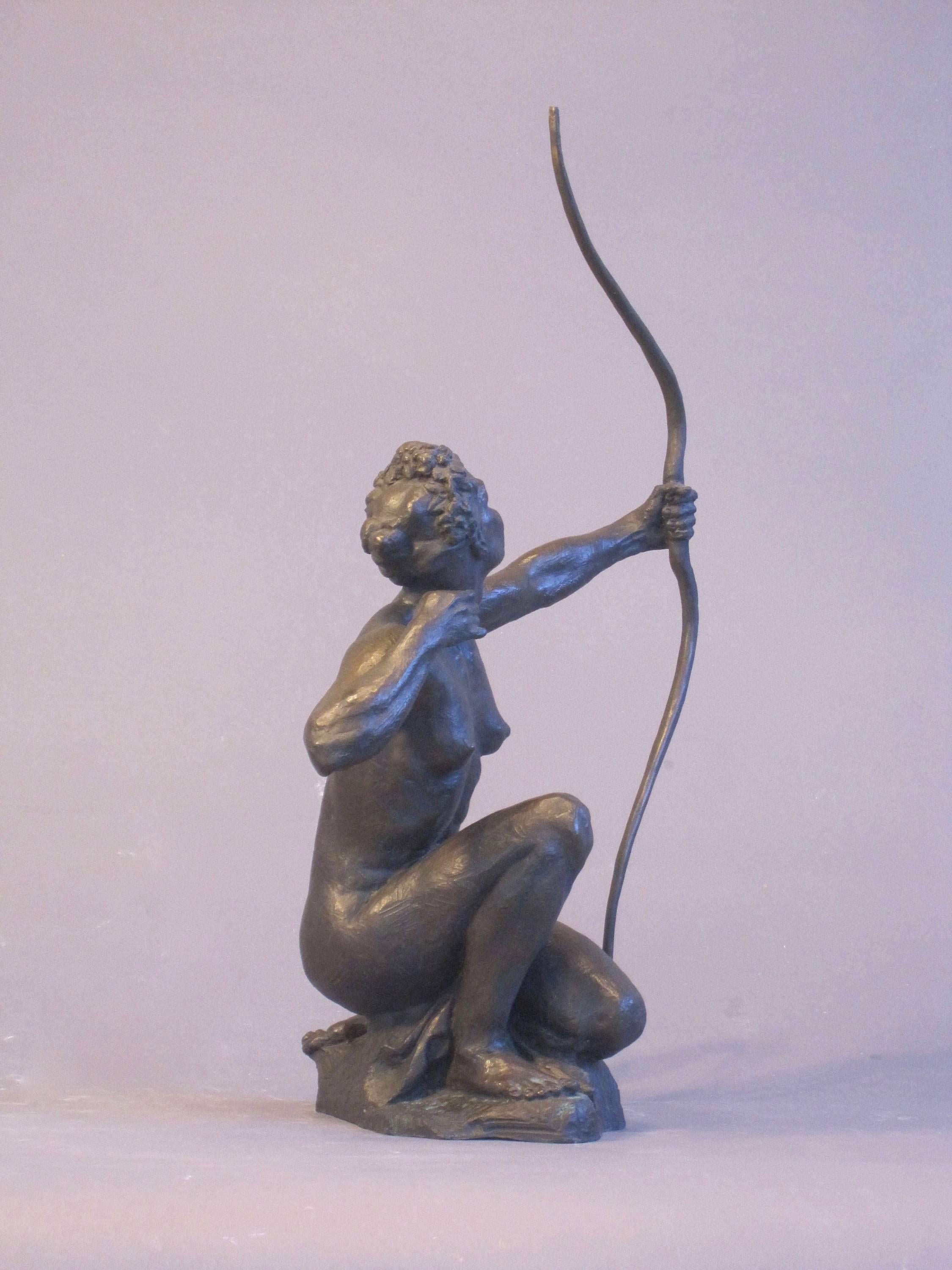 A bronze sculpture of the Roman goddess Diana. She was the goddess of the hunt, the moon, and nature in Roman mythology, associated with wild animals and woodland, and having the power to talk to and control animals. She was equated with the Greek