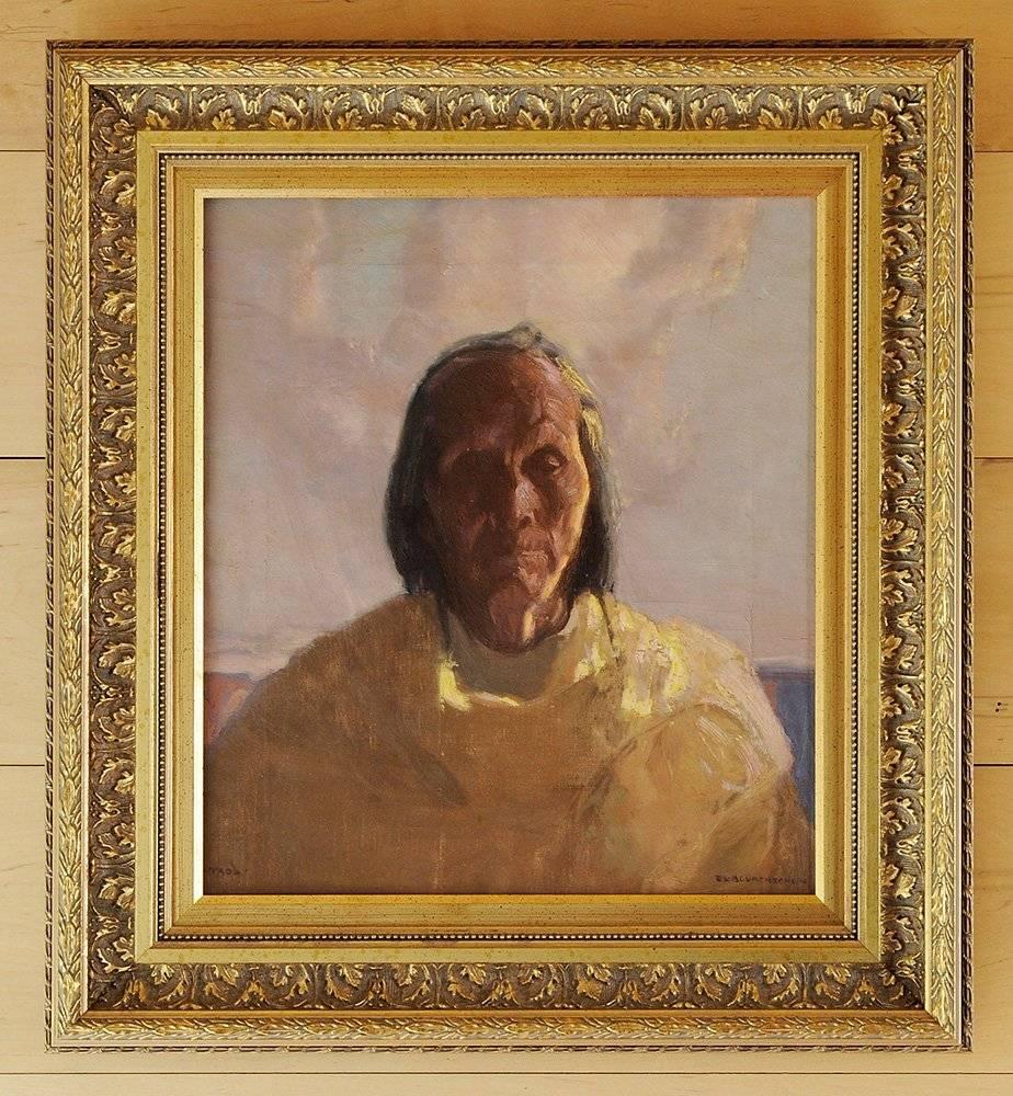 Portrait of a Native American Pueblo Elder - Painting by Ernest Leonard Blumenschein