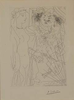 "Rembrandt Holding the Hand of a Young Woman with Veil" signed Picasso etching