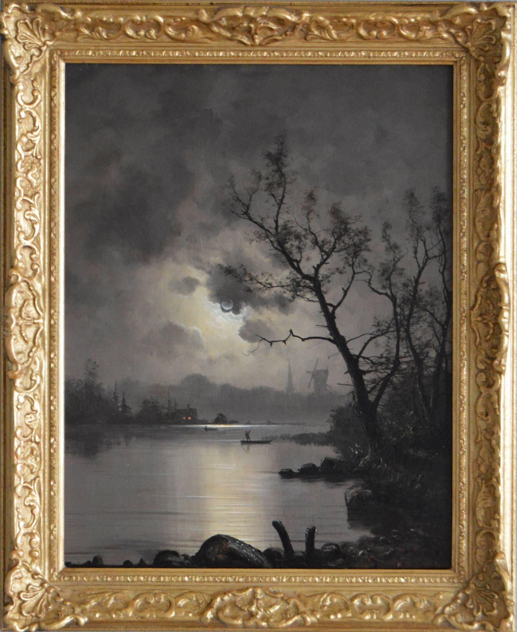 Nils Hans Christiansen Landscape Painting - Fishing by Moonlight, oil on canvas