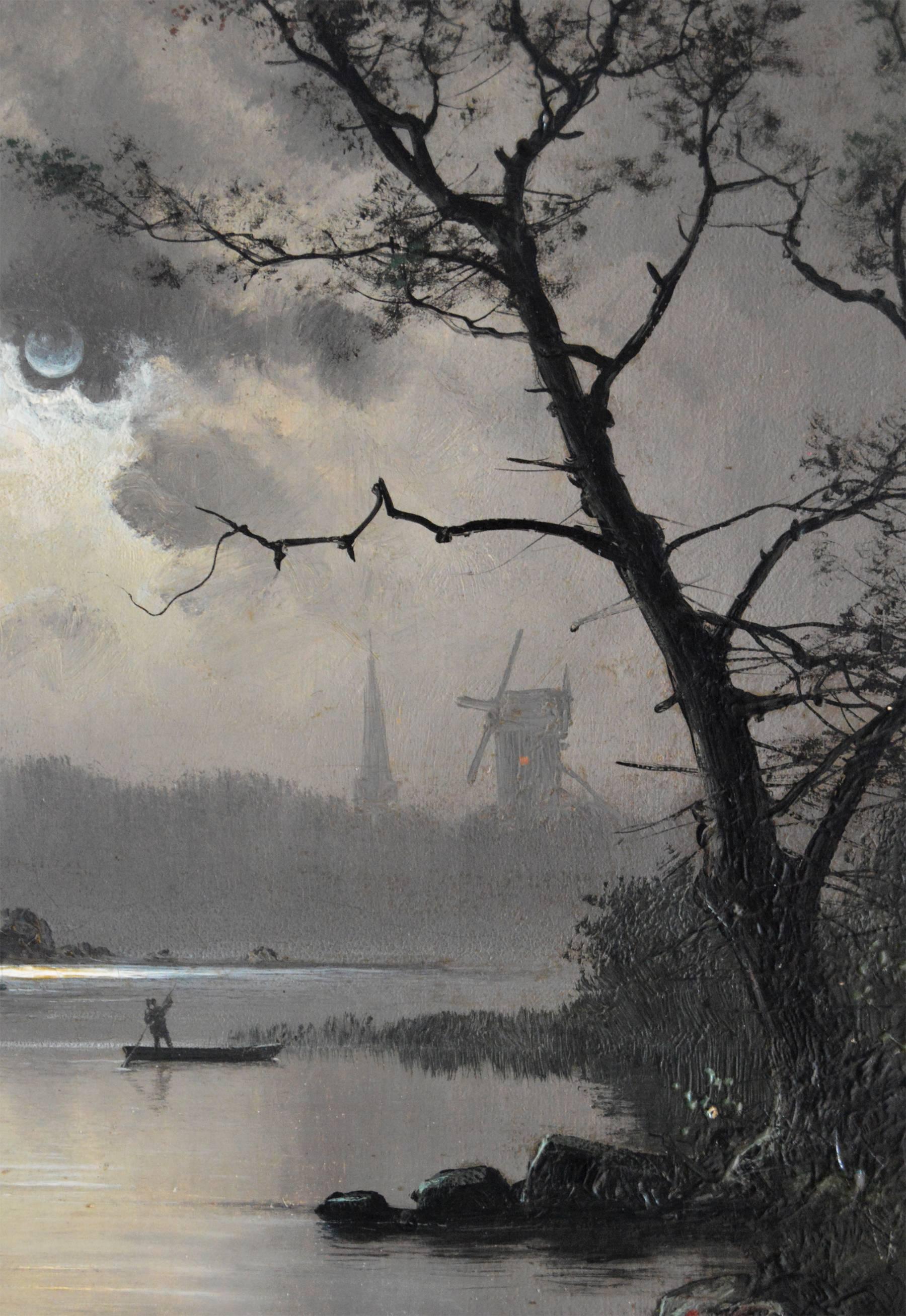 Nils H Christiansen 
Danish, (1850 -1922)
Fishing by Moonlight
Oil on canvas, signed
Image size: 17¾ inches x 13¾ inches 
Size including frame: 22¼ inches x 18¼ inches

Nils Hans Christiansen was a well-accomplished painter born in Esbjerg in