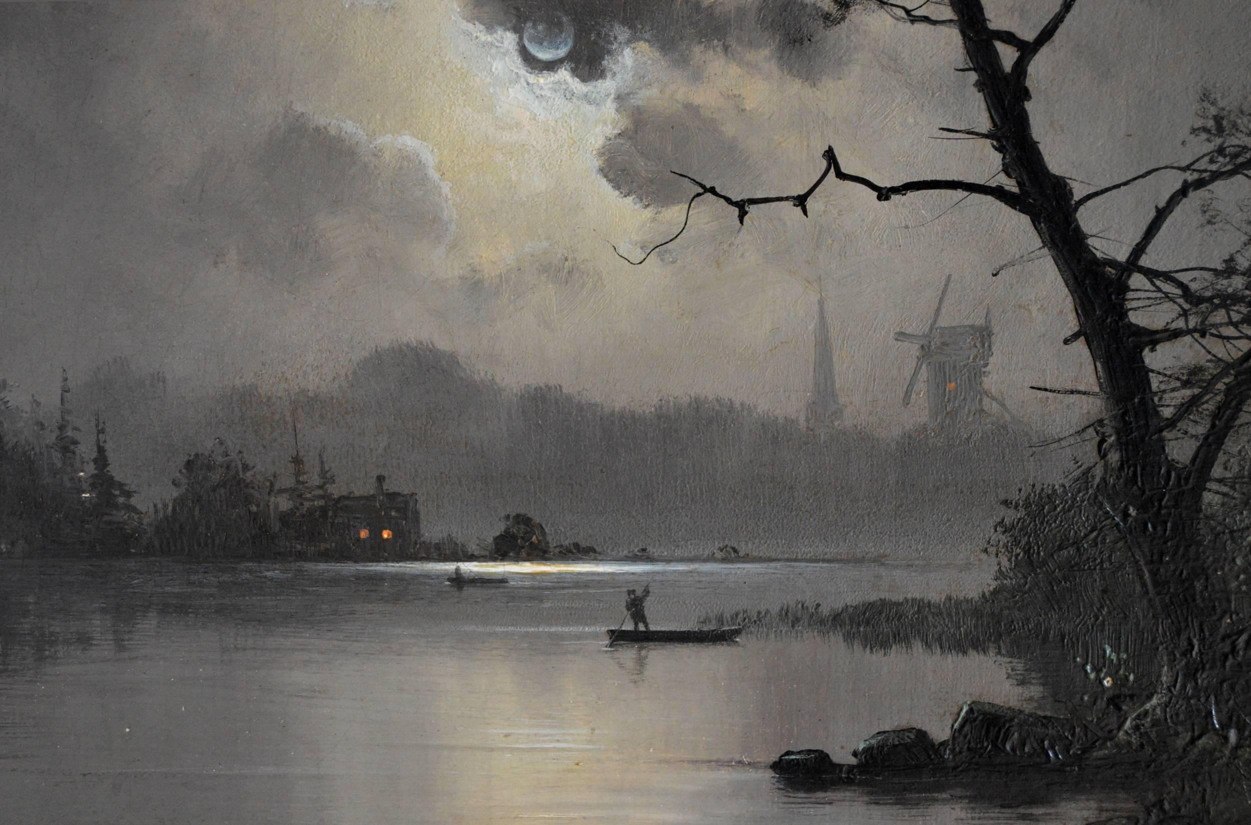 Fishing by Moonlight, oil on canvas - Painting by Nils Hans Christiansen