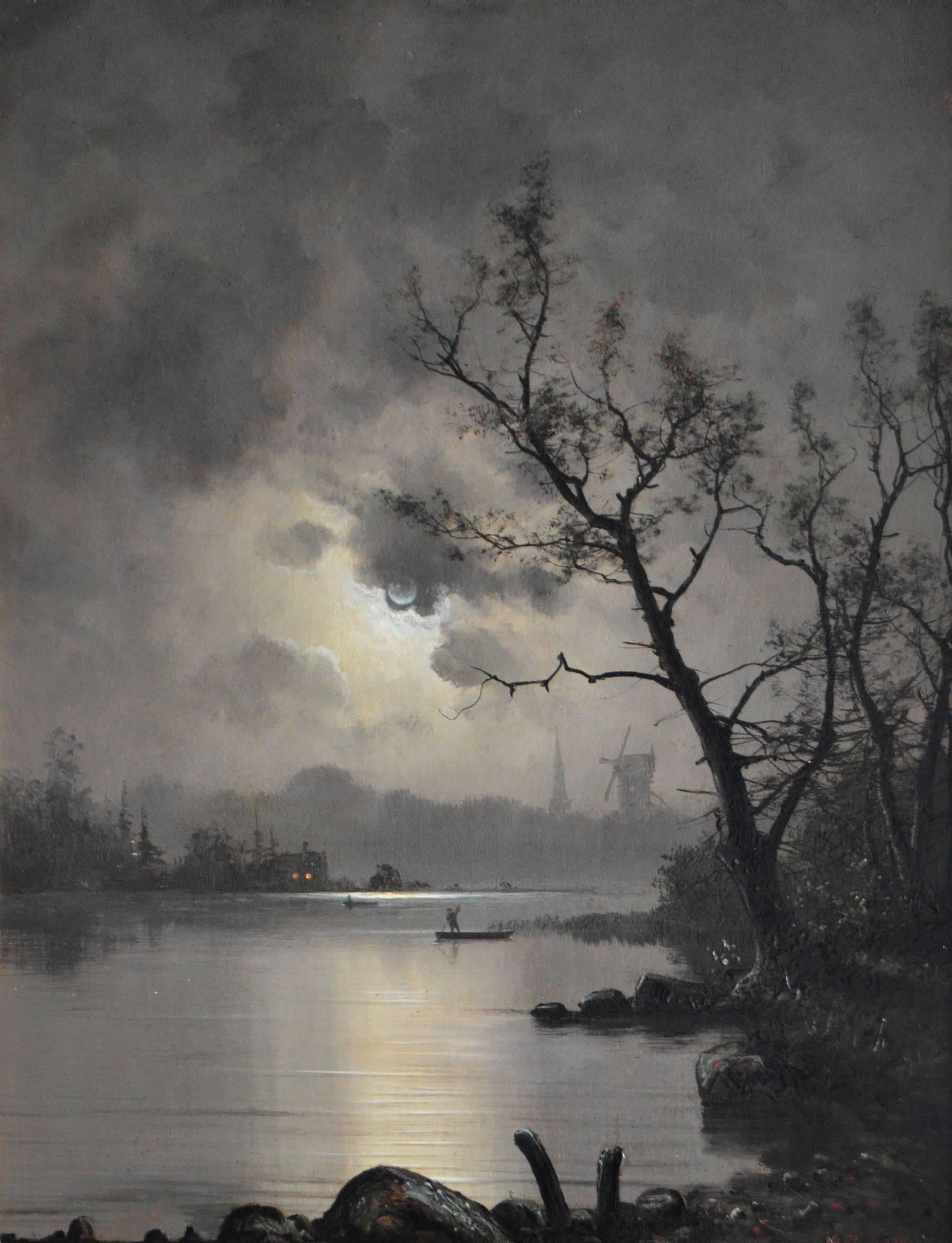 Fishing by Moonlight, oil on canvas - Victorian Painting by Nils Hans Christiansen