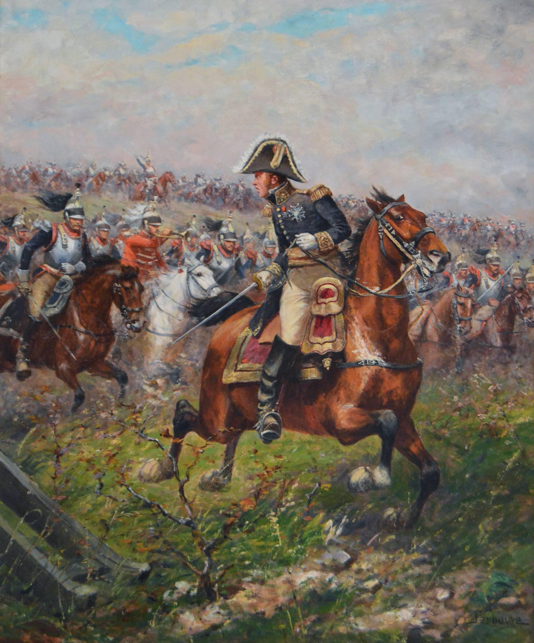 Marshall Ney Leading a Charge of the French Cuirassiers at Waterloo - Painting by Paul Emile Léon Perboyre
