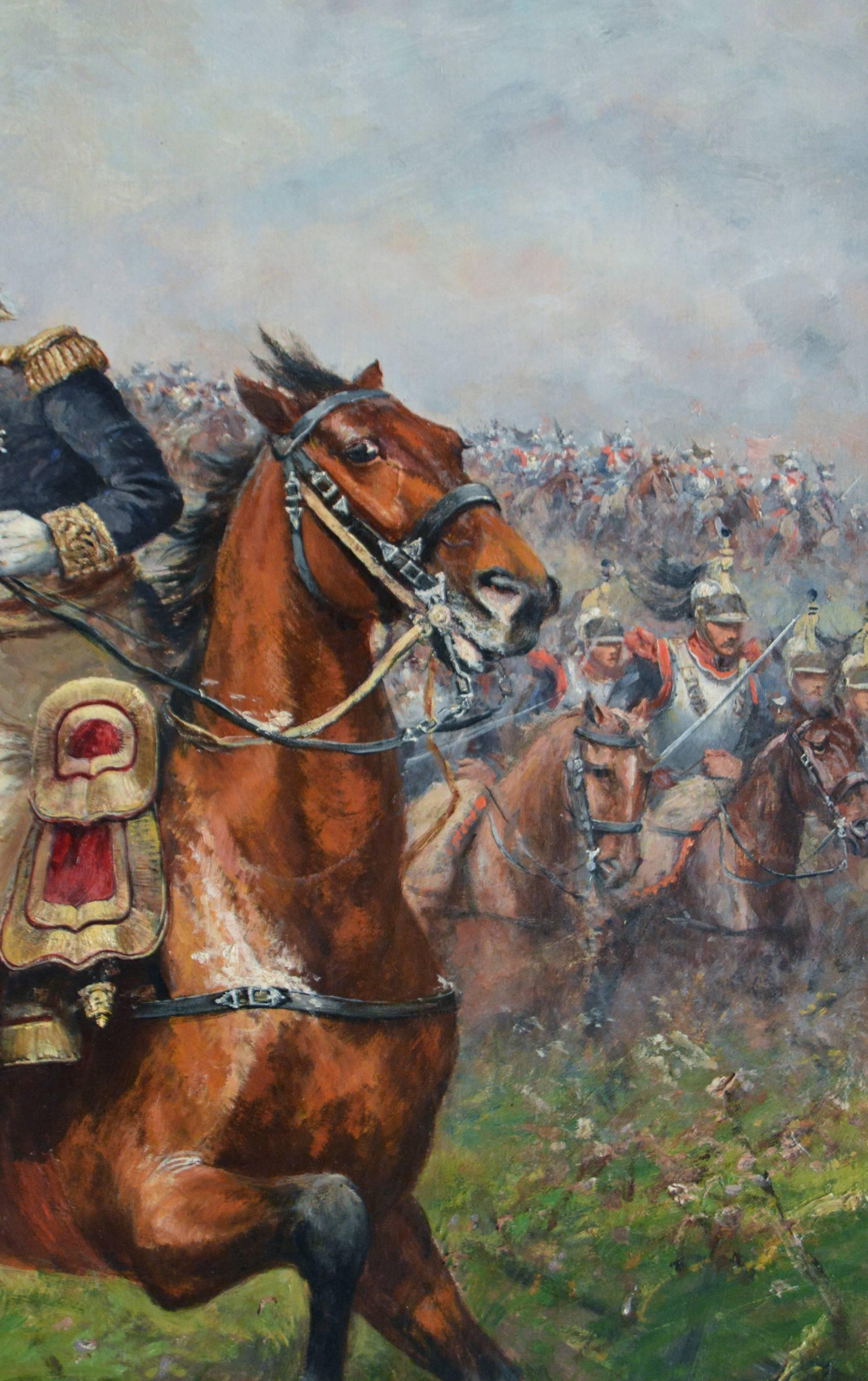 Marshall Ney Leading a Charge of the French Cuirassiers at Waterloo - Brown Figurative Painting by Paul Emile Léon Perboyre