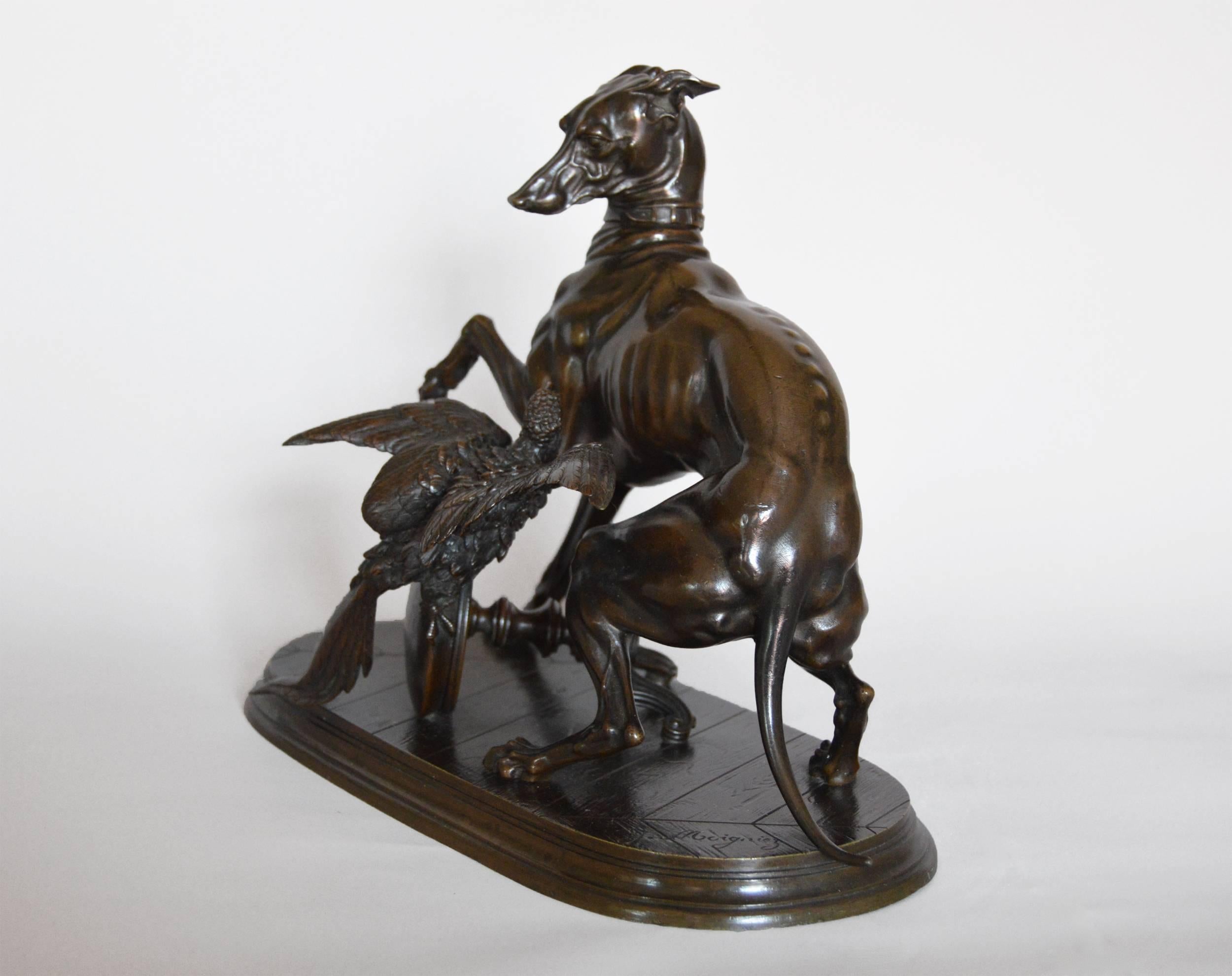 Jules Moigniez
French, (1835-1894)
Whippet & Macaw 
Bronze, signed & incised ‘Paul le Blanc 1068’ to the underside
Height: 8½ inches 
Width: 10¾ inches
Depth: 5 inches
Provenance: Victor Franses Gallery, London

Jules Moigniez was a