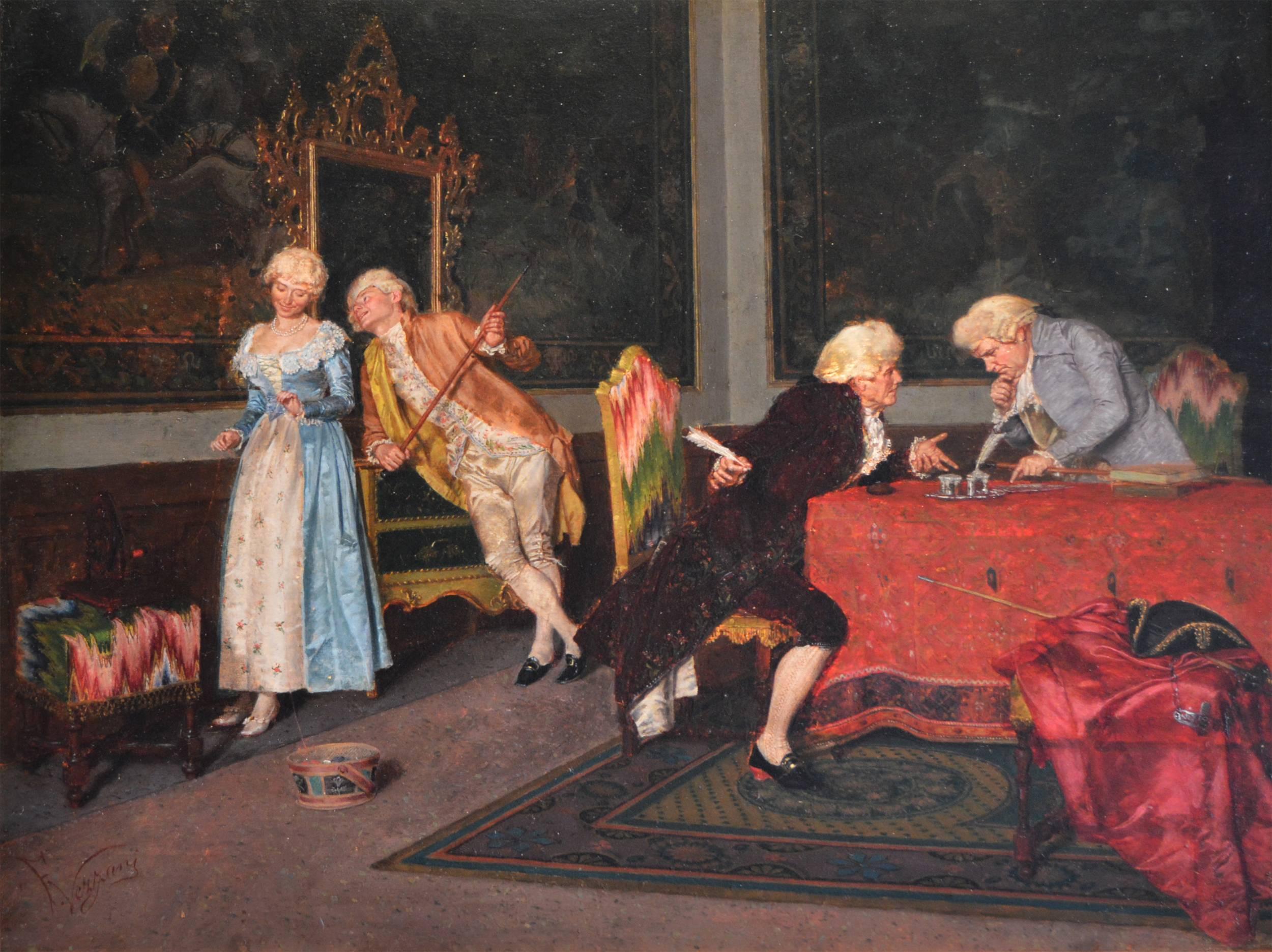 The Marriage Contract, Oil on panel - Painting by Felice Vezzani