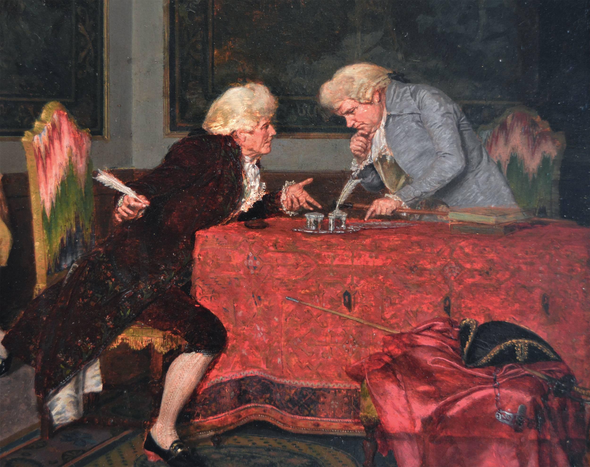 Felice Vezzani
Italian, (1855-1930)
The Marriage Contract
Oil on panel, signed
Image size: 11 inches x 14½ inches
Size including frame: 21¼ inches x 24¾ inches

Felice Vezzani was an Italian genre and landscape painter who was born in