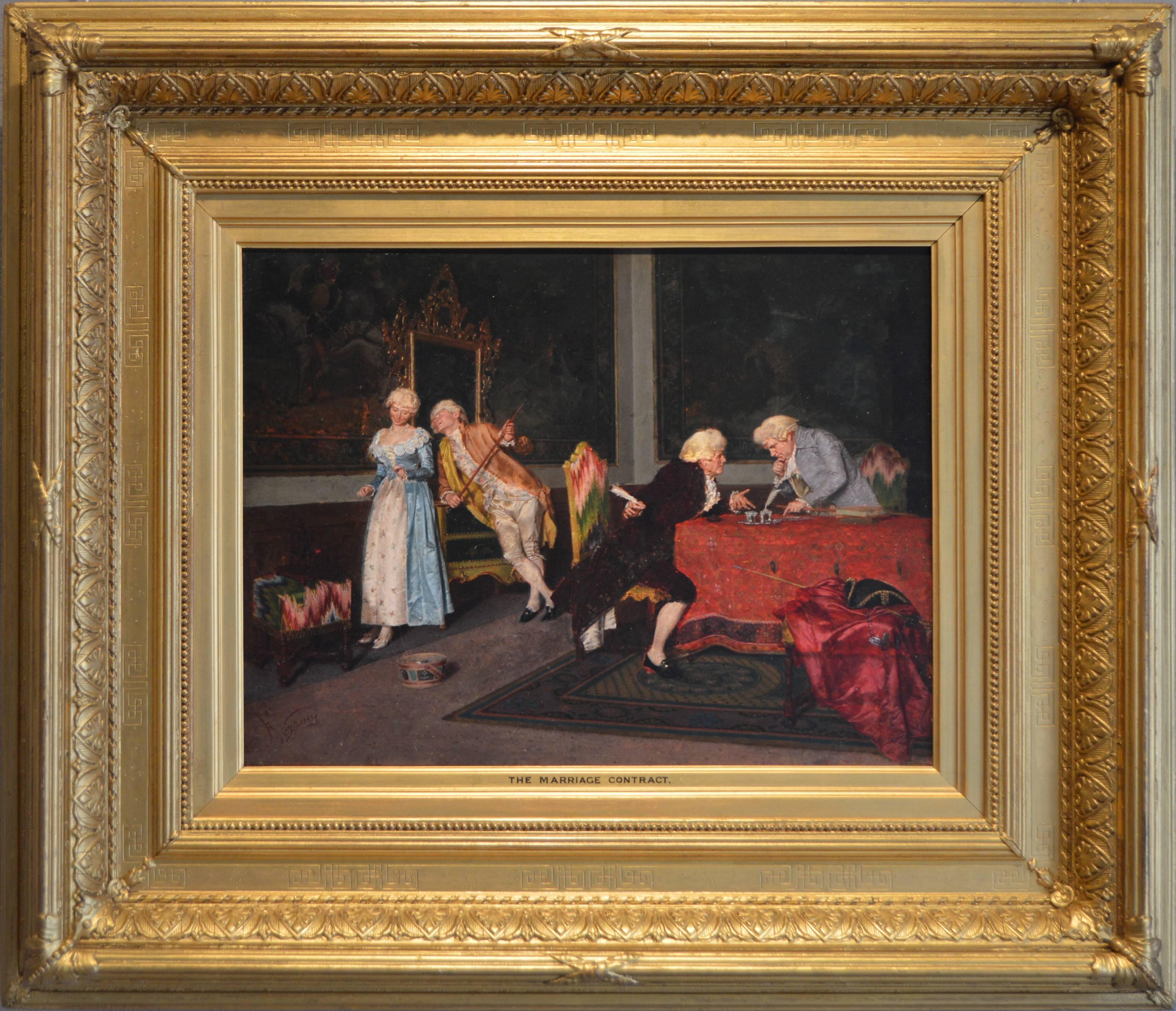 Felice Vezzani Figurative Painting - The Marriage Contract, Oil on panel