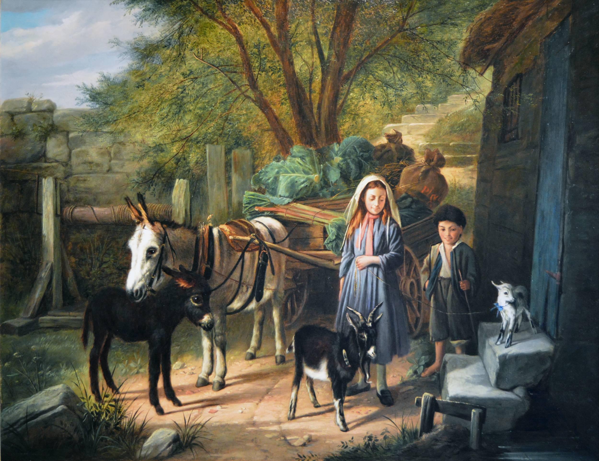Market Day, oil on canvas - Painting by Charles Hunt