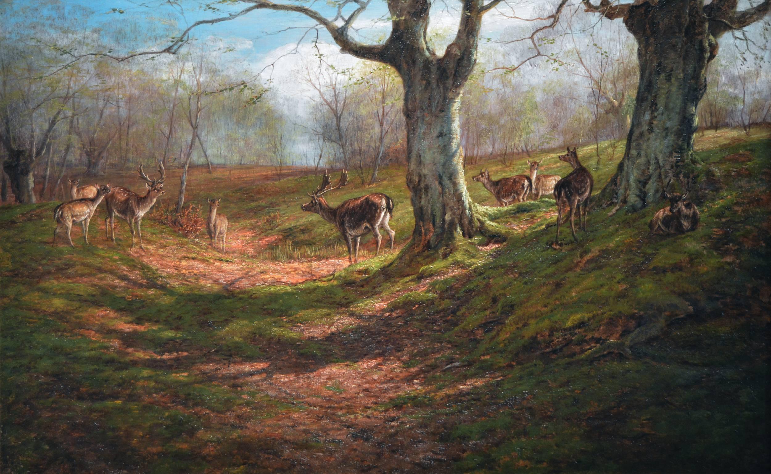 Deer in Park, oil on canvas - Painting by William Luker Sr.