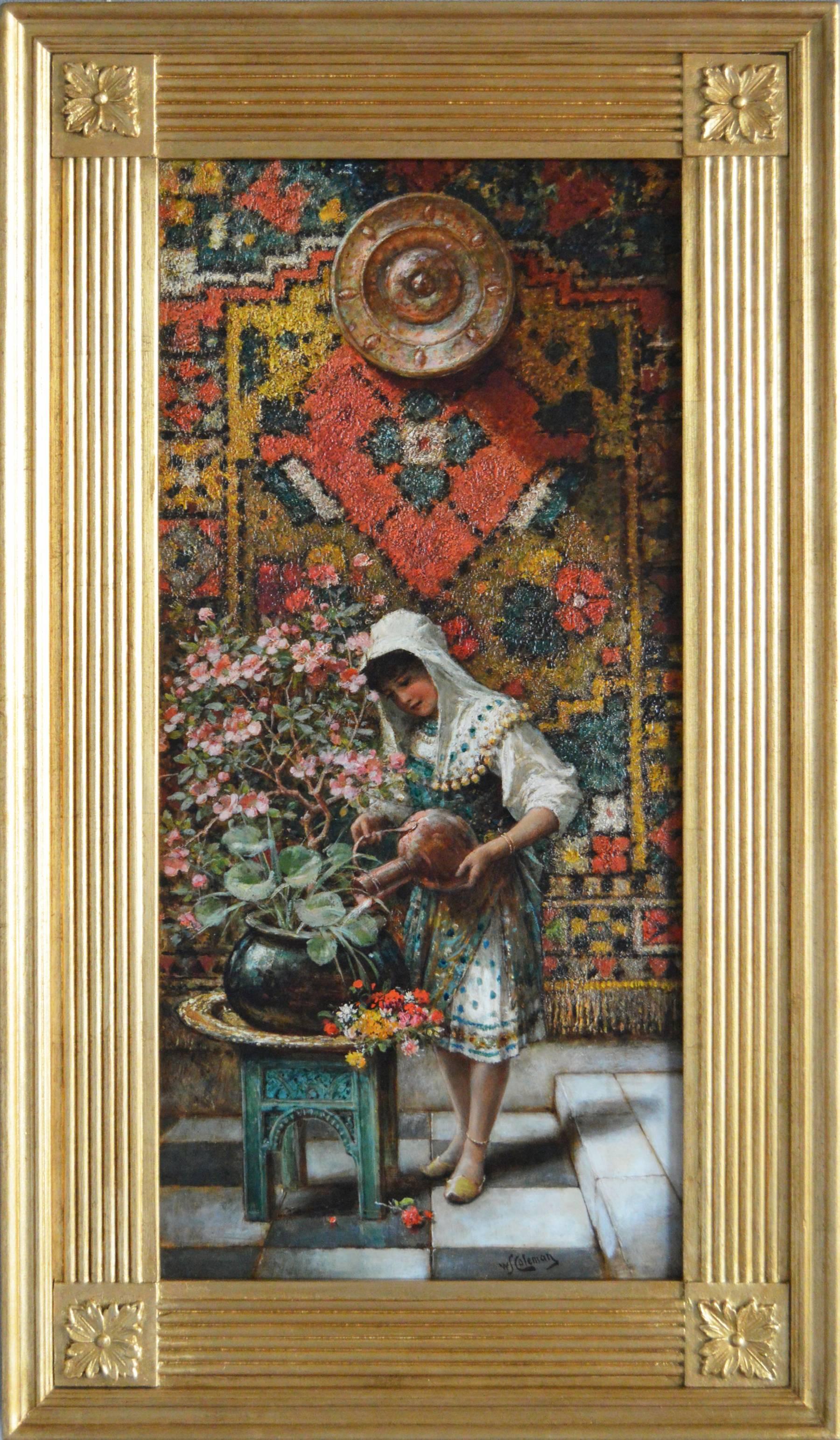 William Stephen Coleman Figurative Painting - Watering the Flowers, oil on canvas