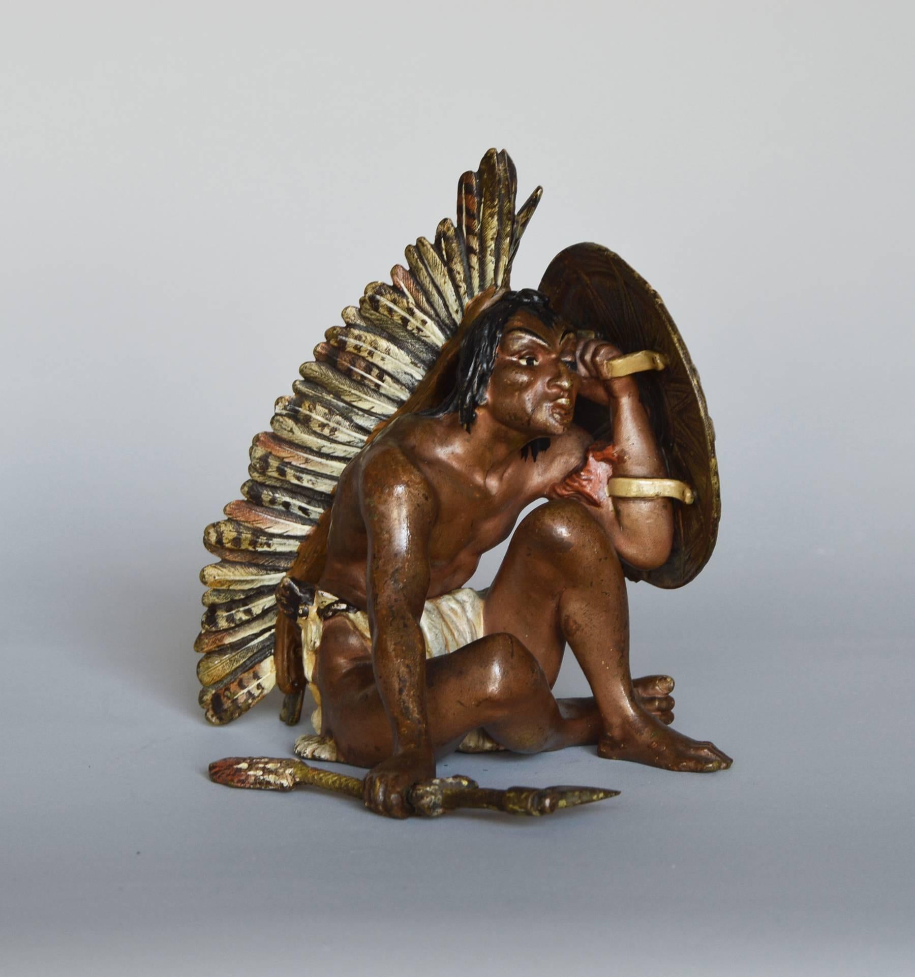 Franz Bergmann Figurative Sculpture - Native American Indian Sitting, bronze sculpture