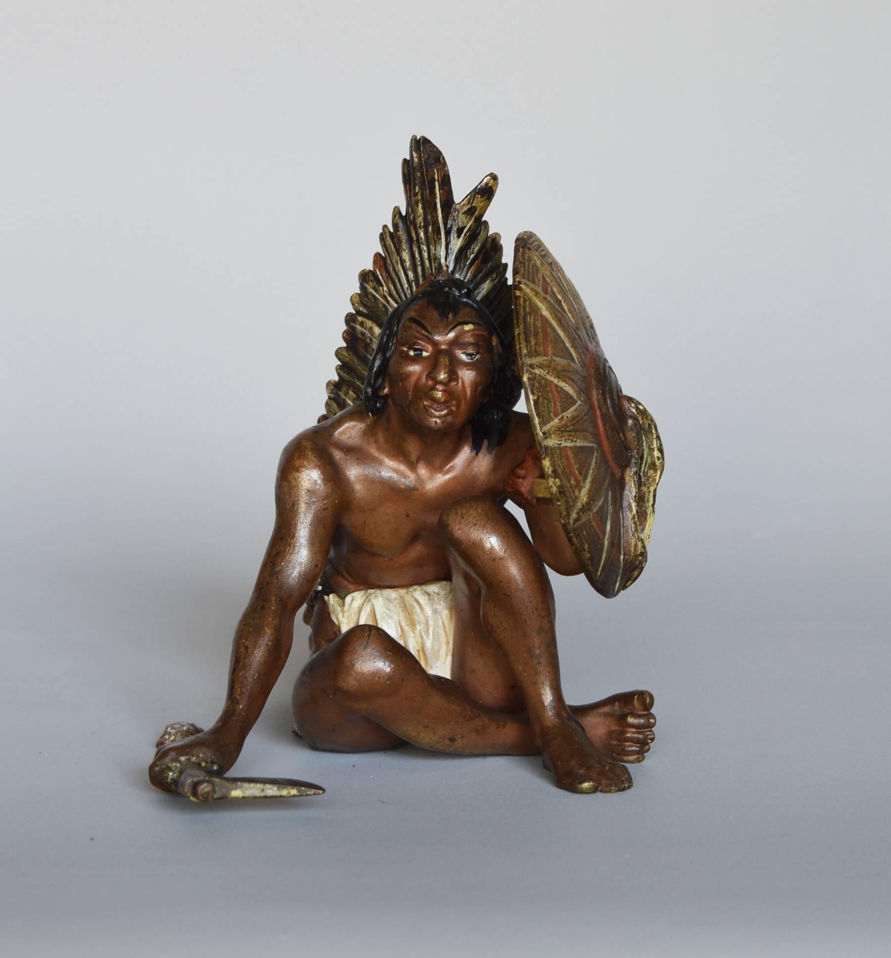 Native American Indian Sitting, bronze sculpture - Sculpture by Franz Bergmann